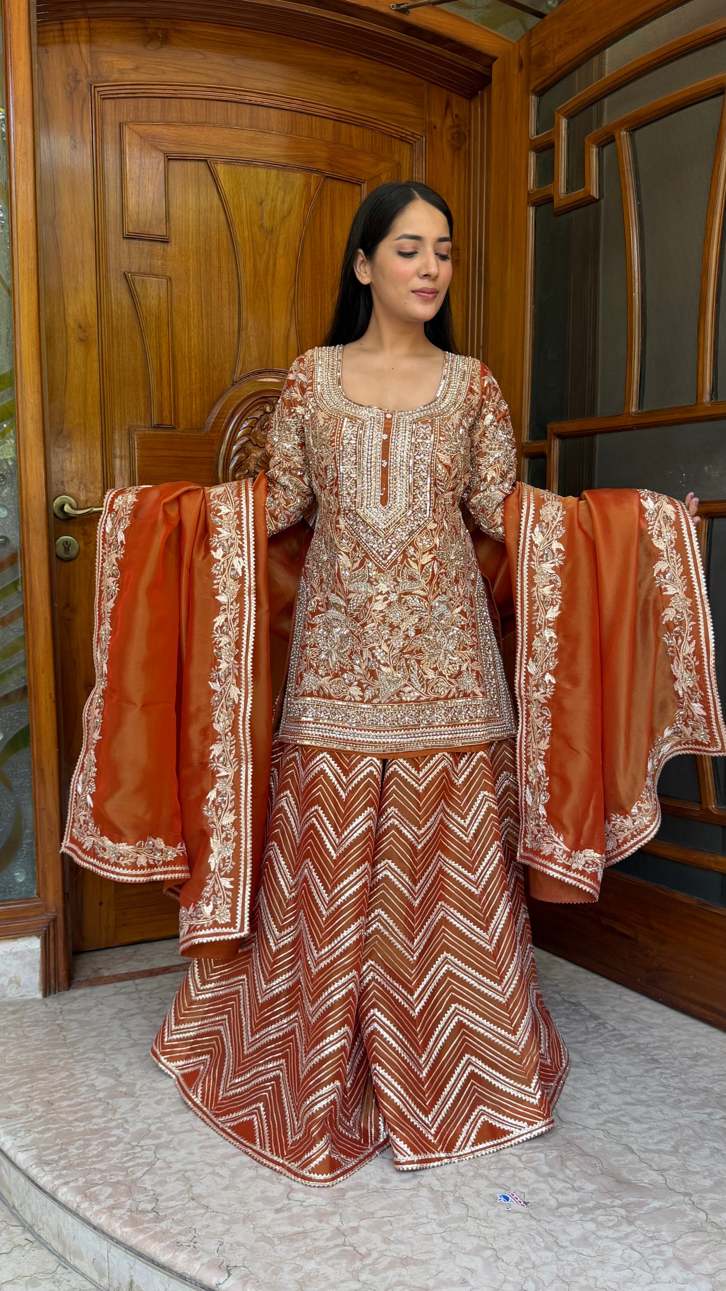 Rust Orange Pure Tissue Heavy Sharara Suit with Hand Embroidered Zardozi Work