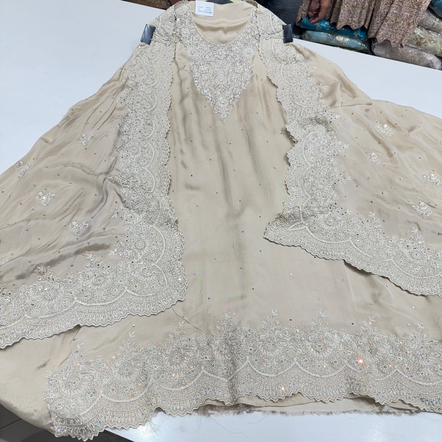 Hand Embroidered Straight Suit on Chinon Crepe with Four-Side Border Dupatta – Available in Mustard, Gold, Mauve & Sky Blue | Includes 2.5m Silk Bottom Fabric