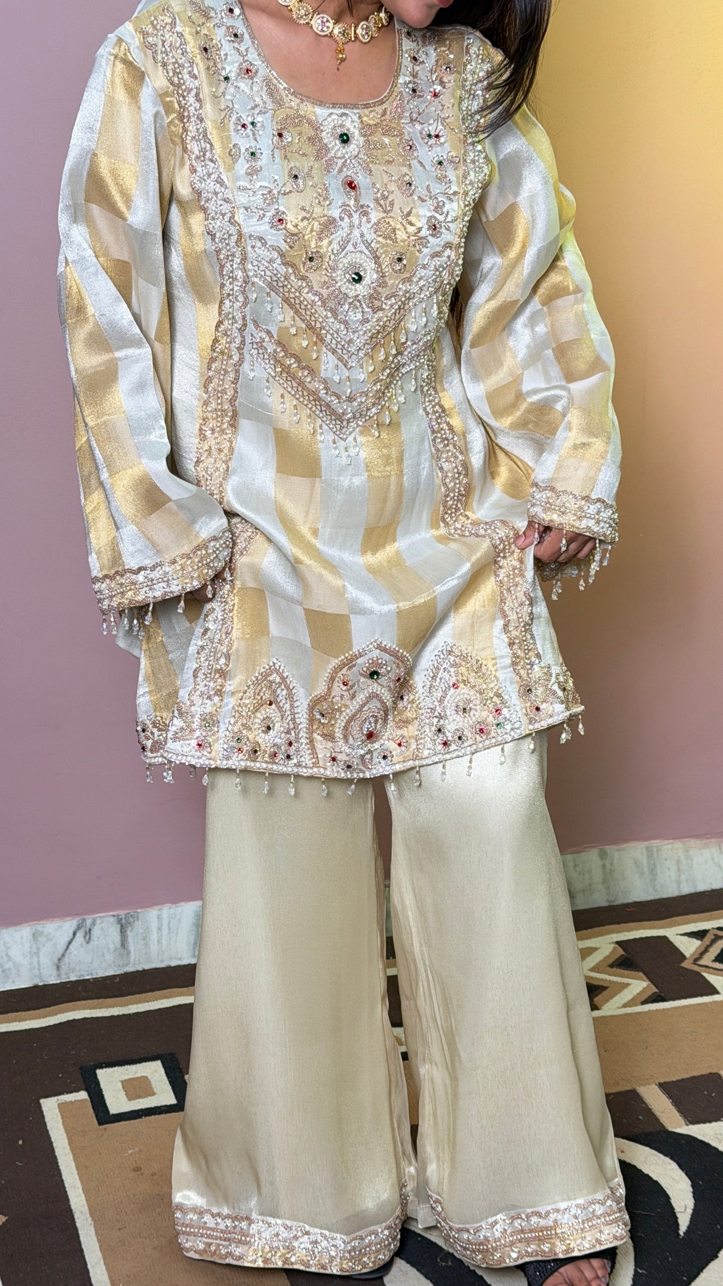 Ivory Gold Pure Tissue A-Line Anarkali with Bell Pants Set