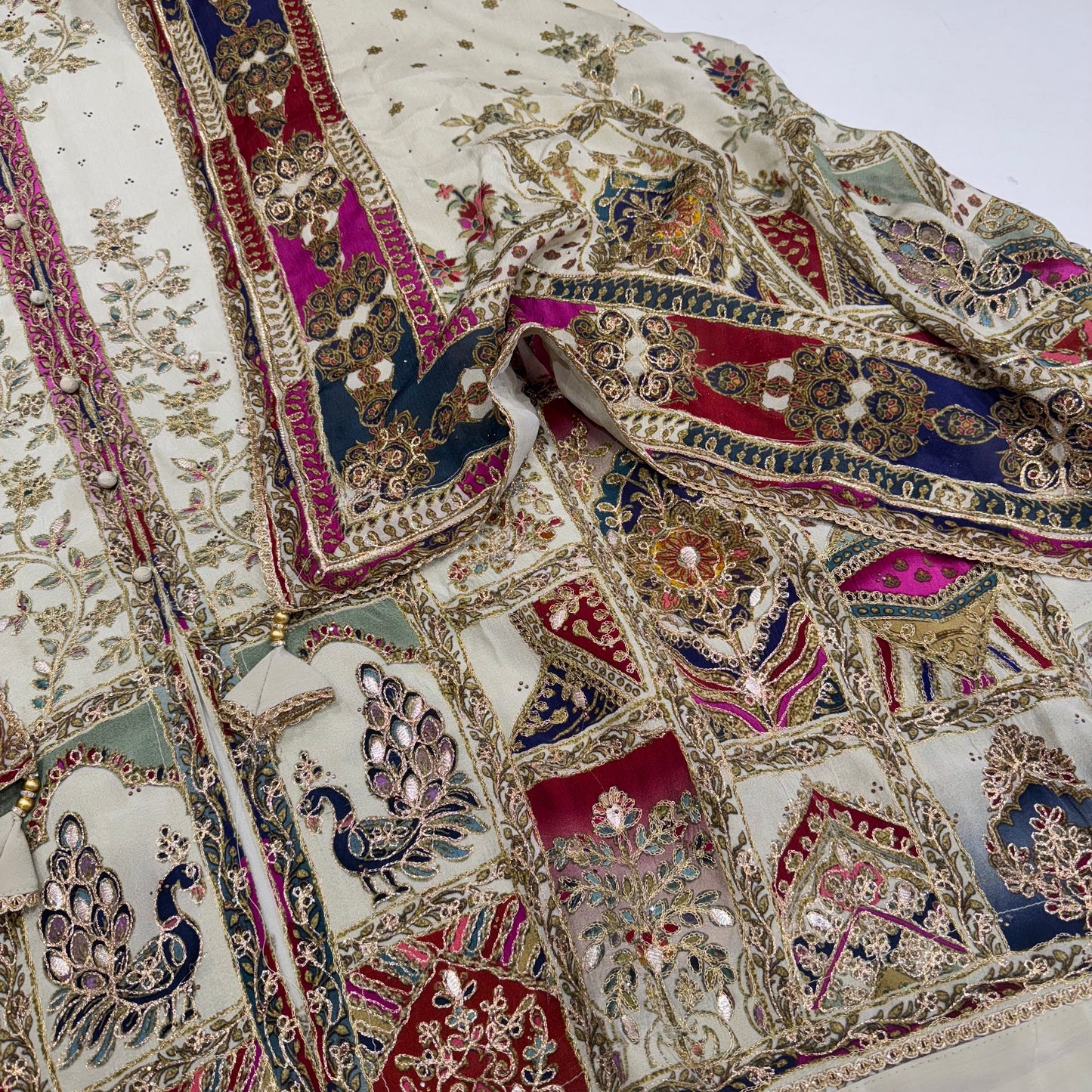 Unstitched Pure Crepe Achkan Style Suit with Zari Embroidery & Chinon Dupatta