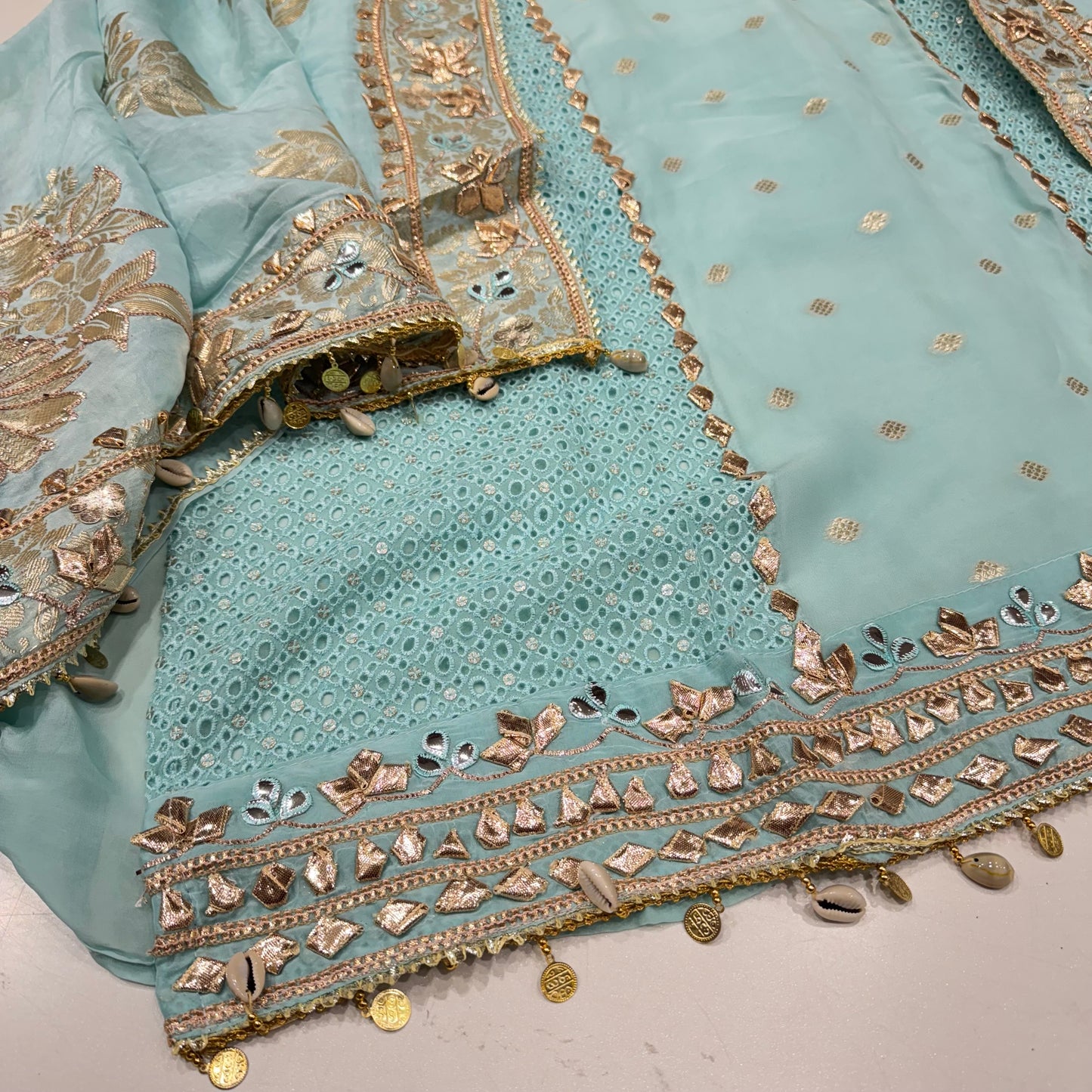 Designer Gotta patti Orgenza Suit set with heavy dupatta