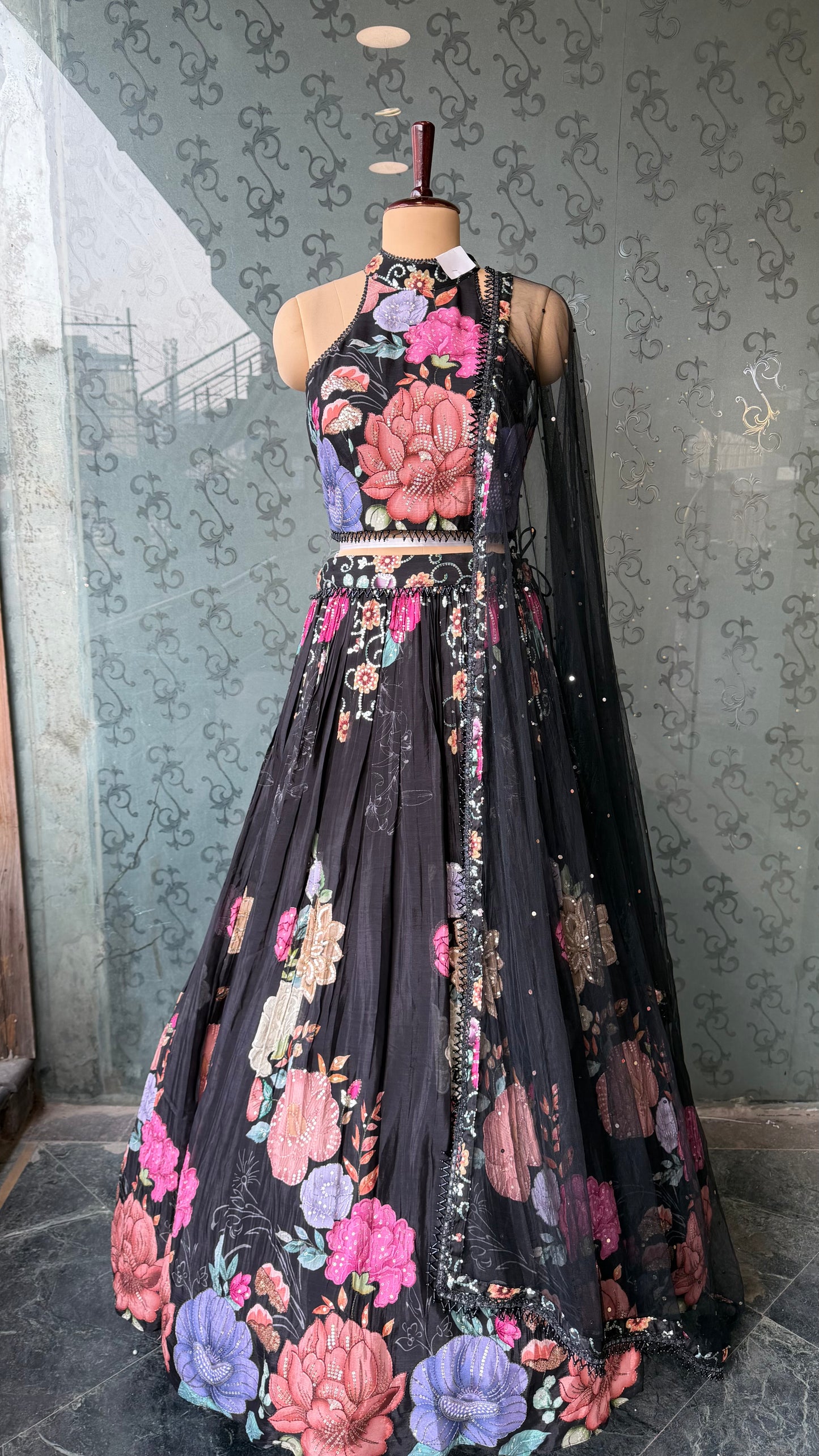 Black Digital Floral Pure Crepe Lehenga Choli with Sequins Highlighting & Net Dupatta – Free Size up to 42 Bust