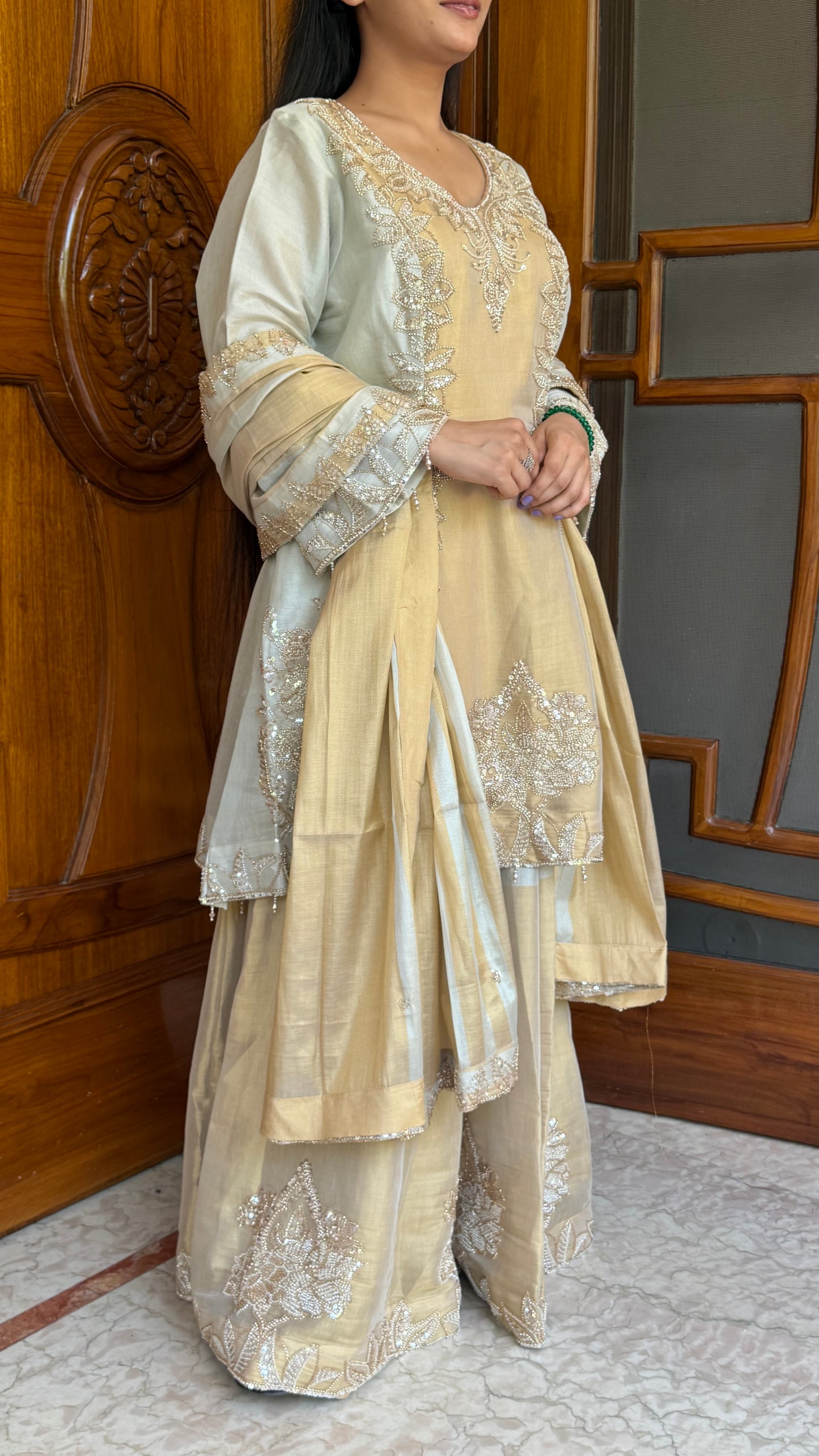 Luxury Pure Tissue Choga Style Sharara Suit with Hand Embroidery | Designer Readymade Party Wear Sharara Set
