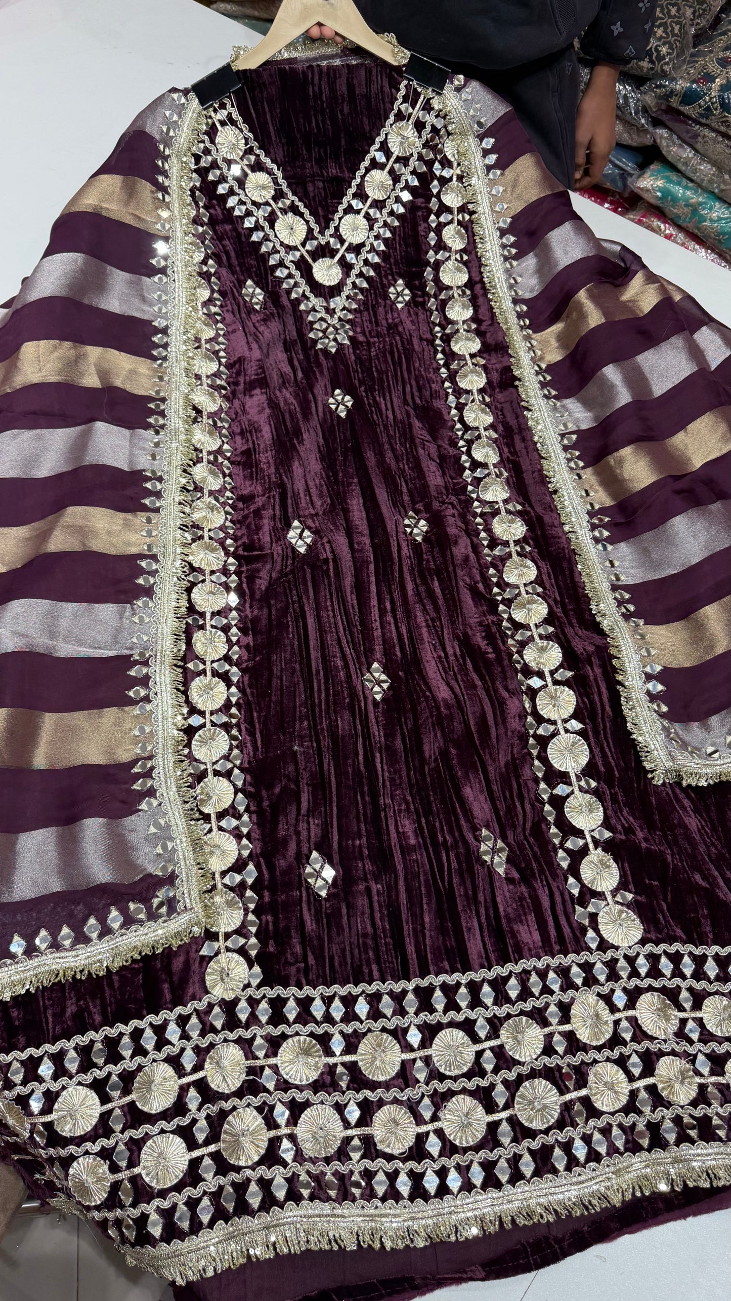 Premium Pure Velvet Unstitched Suit with Gotta Patti & Mirror Work + Tissue Dupatta