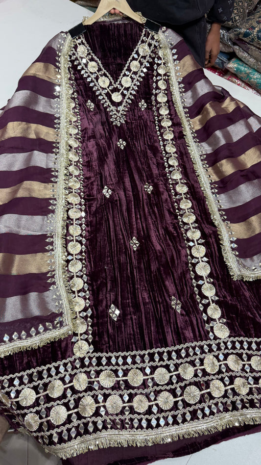 Premium Pure Velvet Unstitched Suit with Gotta Patti & Mirror Work + Tissue Dupatta