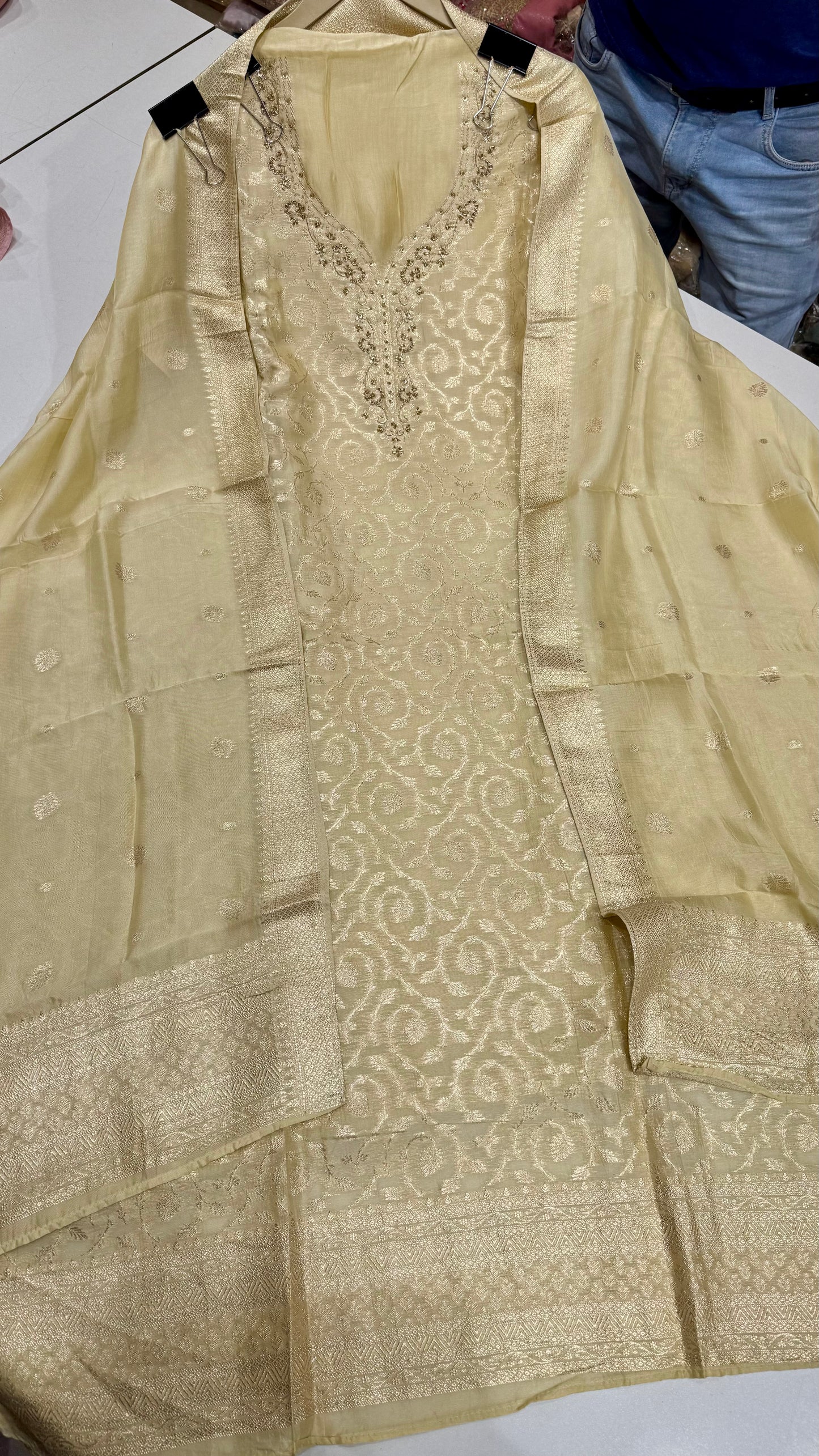 Elegant Banarasi Tissue Unstitched Suit with Dabka Handwork