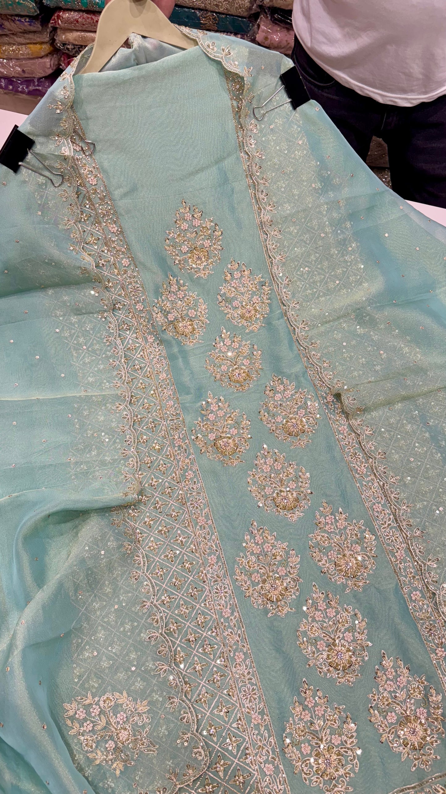 Luxury Shimmer Tissue Unstitched Suit with Zardozi, Pearls & Dabka Embroidery