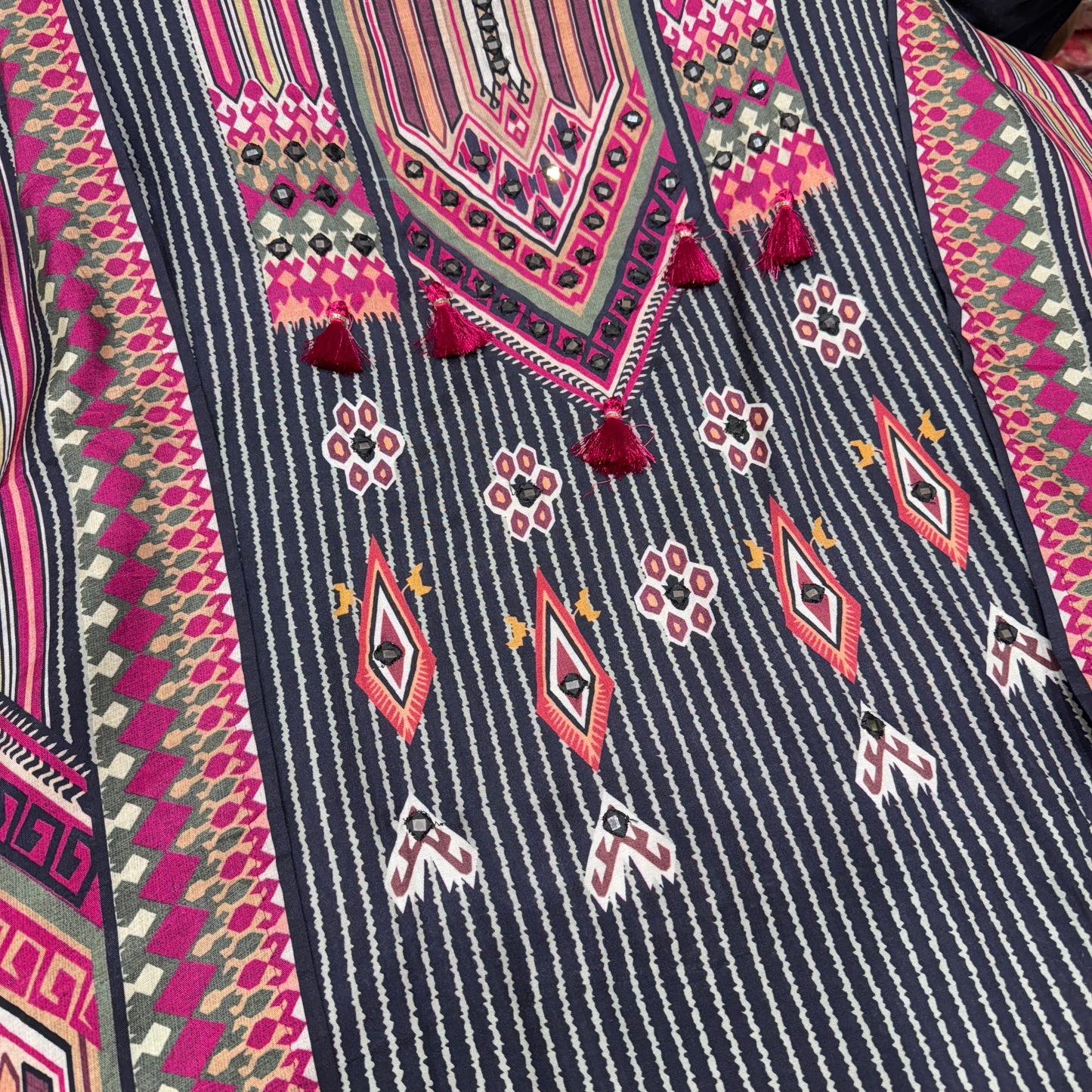 Tribal-Inspired Printed Modal Cotton Suit in Bold Multicolor Geometric Design”