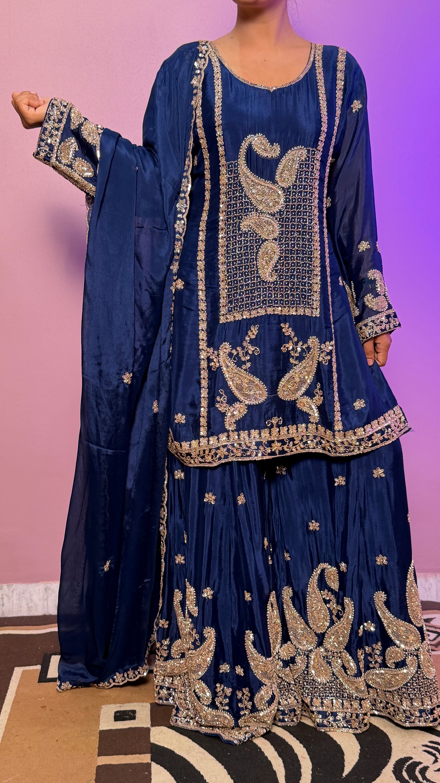 Designer Chinon Crepe Sharara Suit with Hand Nakashi Work