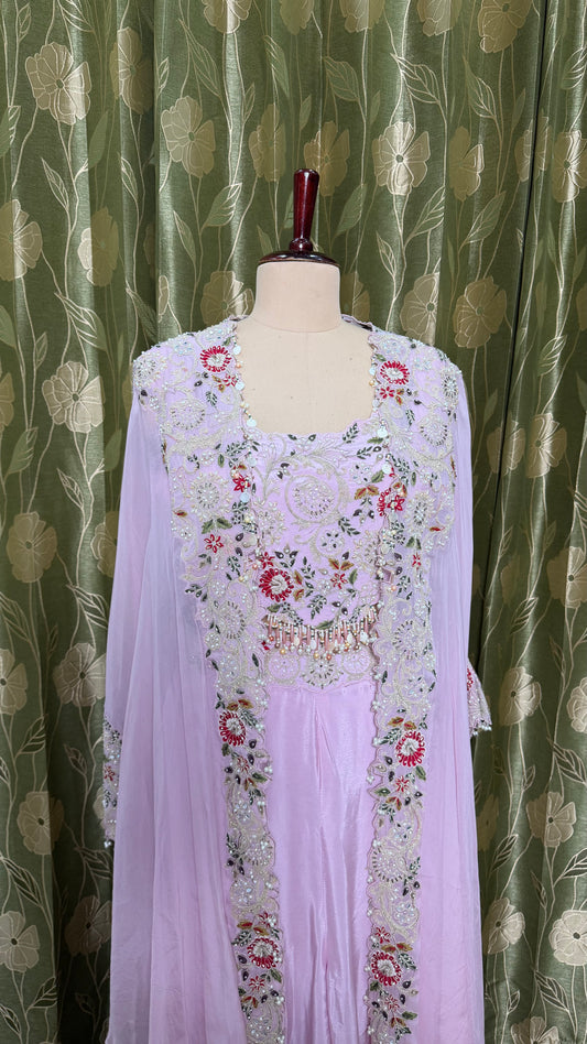 Soft Lilac Indo-Western 3-Piece Ensemble with Hand-Embroidered Blouse, Pure Crepe Sharara & Organza Kaftan Shrug