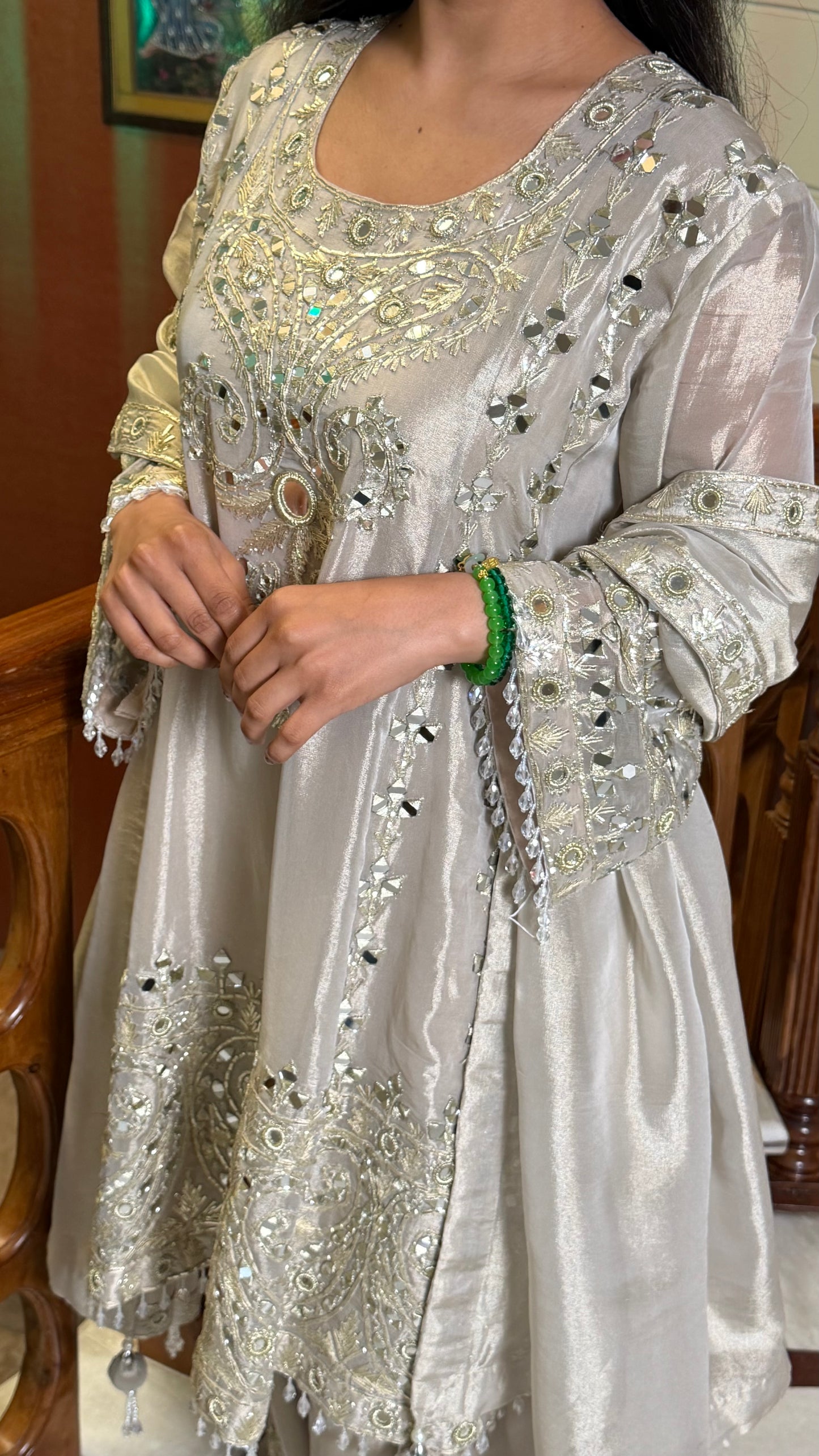 Champagne Beige Pure Tissue Short Anarkali with Farshi Salwar Set