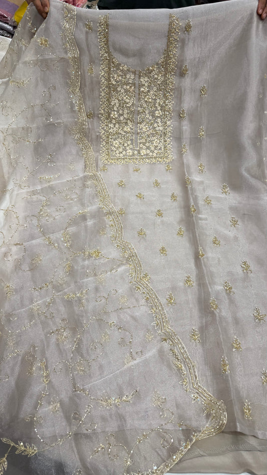 Luxury Unstitched Pure Glass Organza Hand Embroidered Suit with Nakshi, Pearls & Cutdana Work | Premium Designer Wedding & Party Wear Dress Material