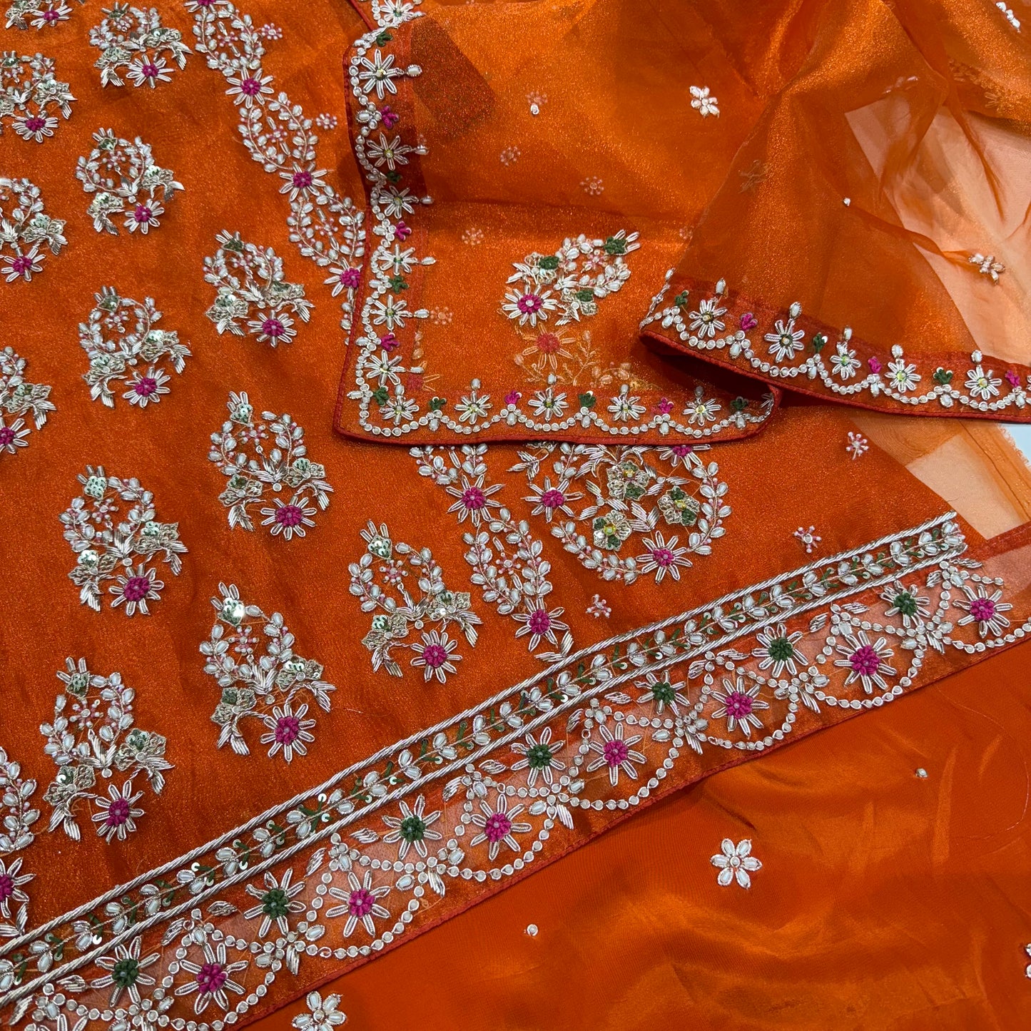 Embroidered Organza Unstitched Suit - Traditional Floral Design with Dupatta (Available in Rust & Royal Blue)