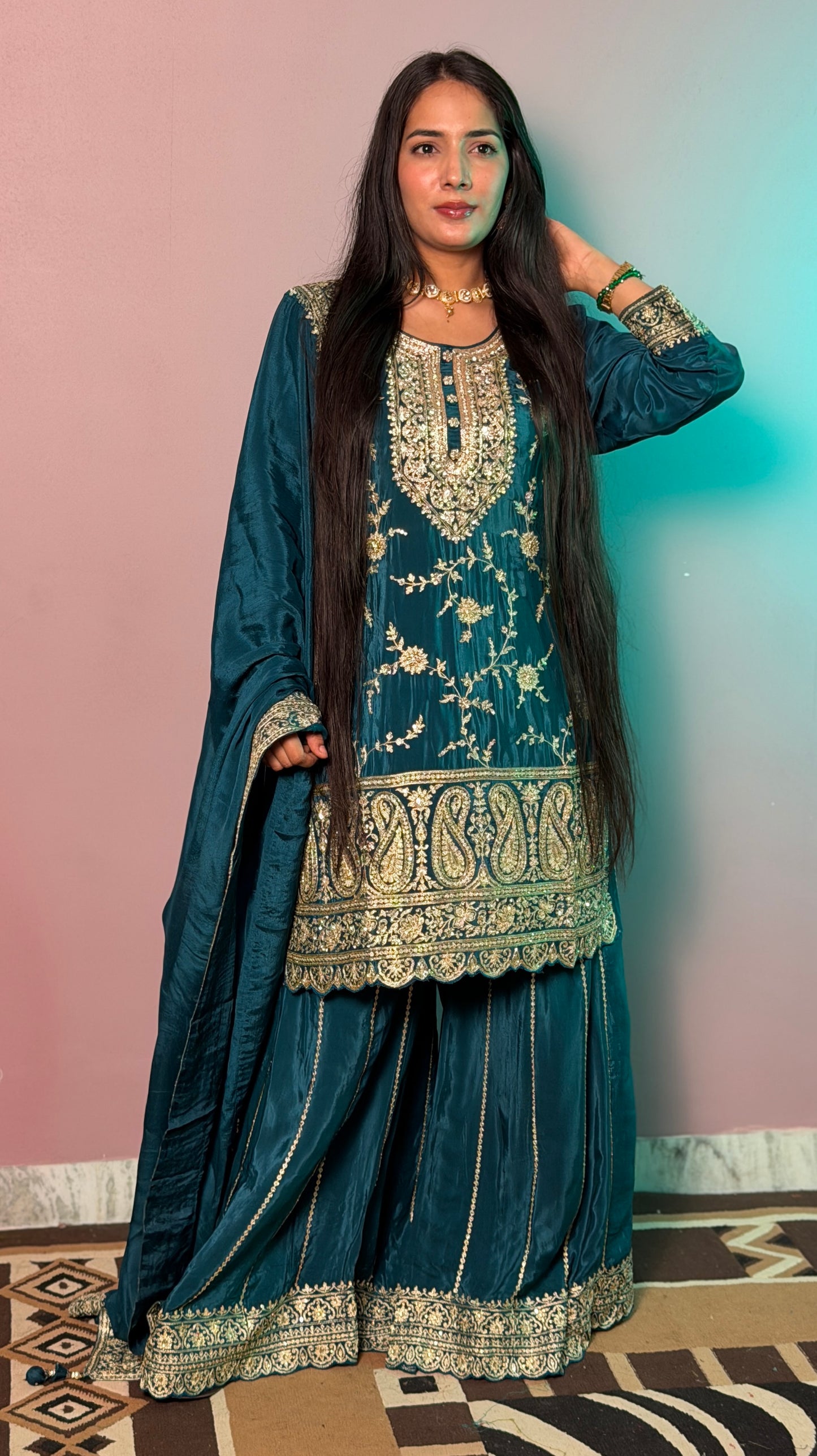 Emerald Elegance Handcrafted Zardozi Sharara Suit Set