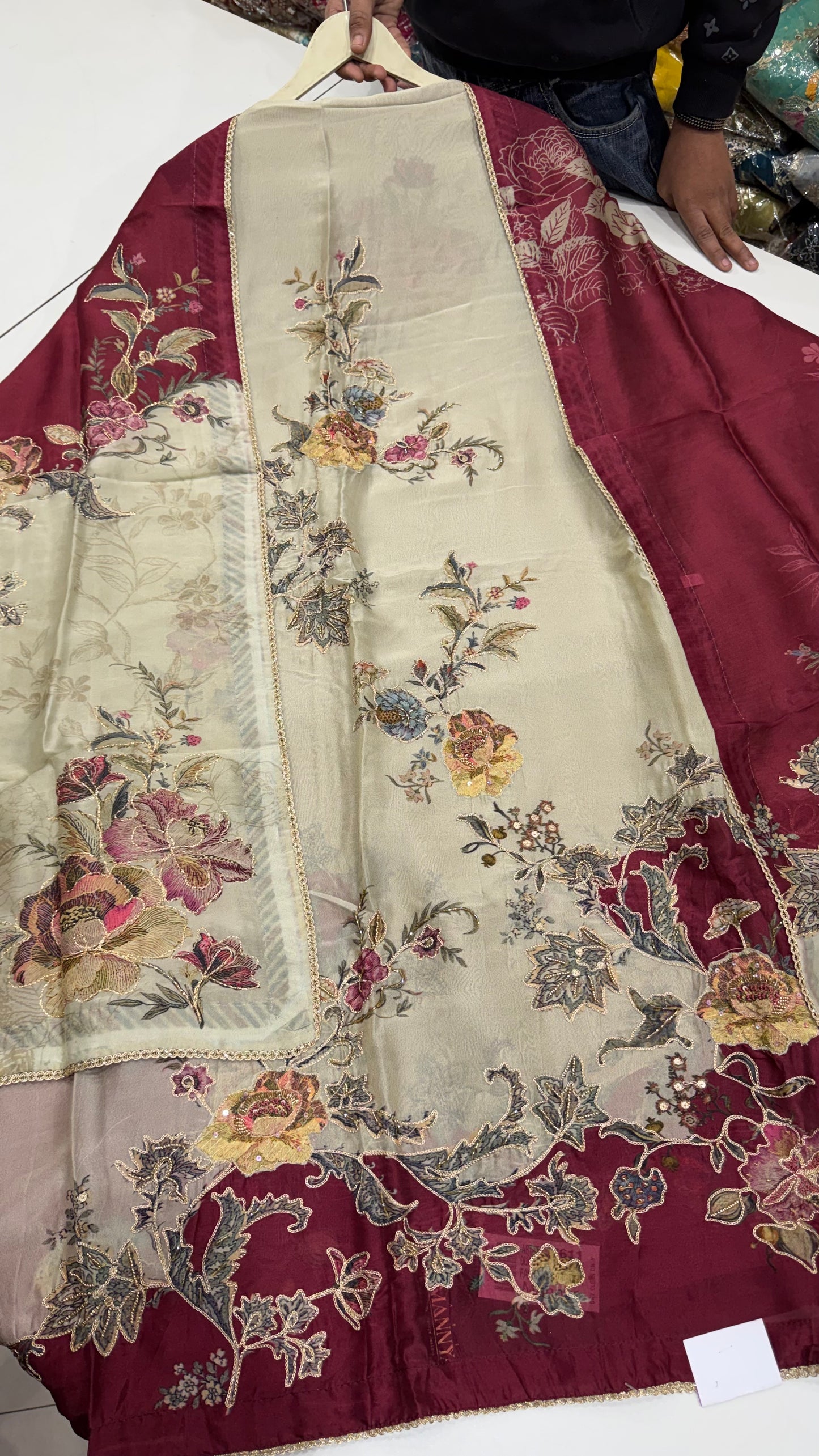 Sabyasachi Inspired orgenza Silk Digital Print & Hand Embroidered Suit Set