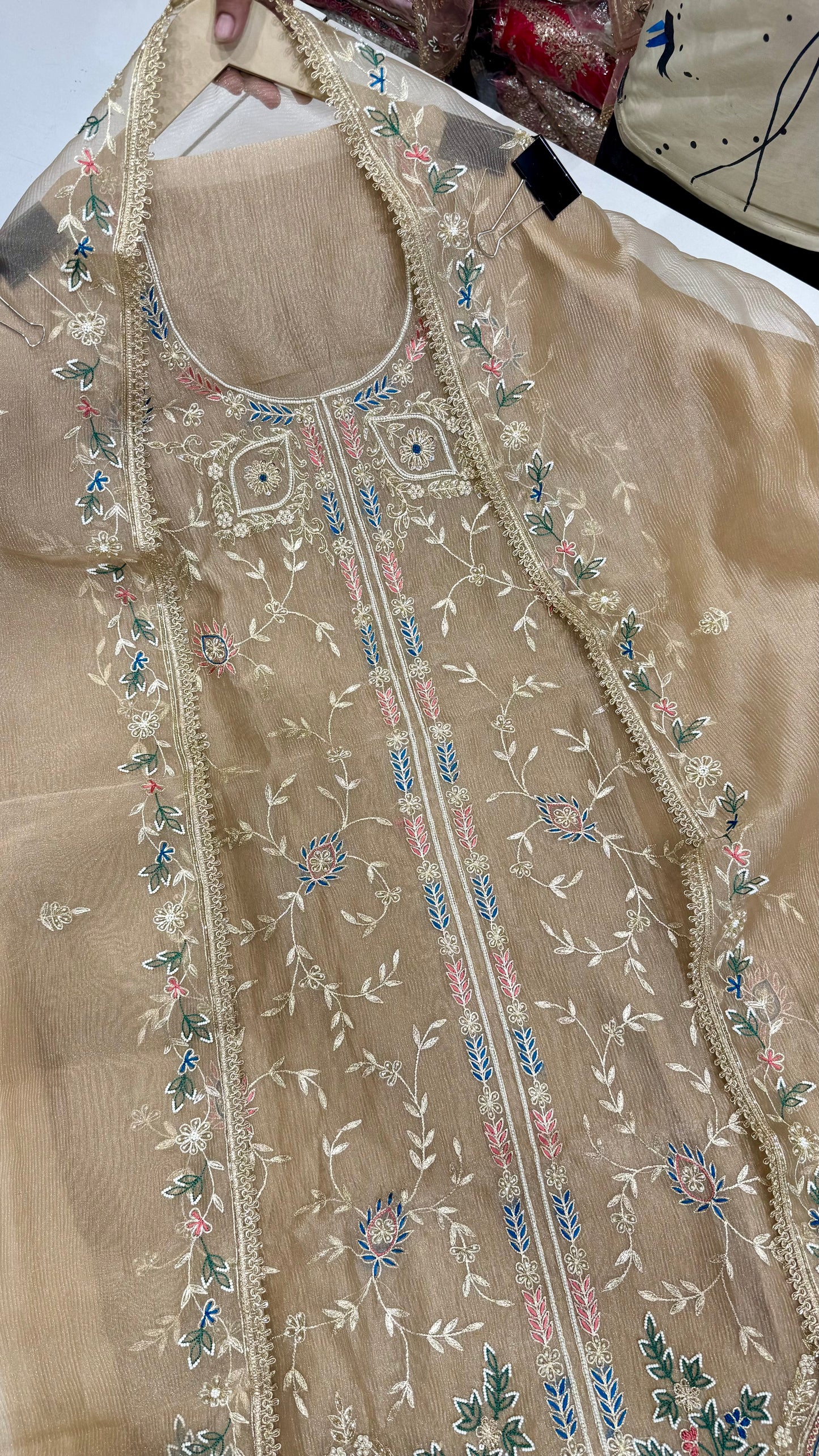 Unstitched Pure Crush Organza Zardozi Hand Embroidered Suit with Dupatta