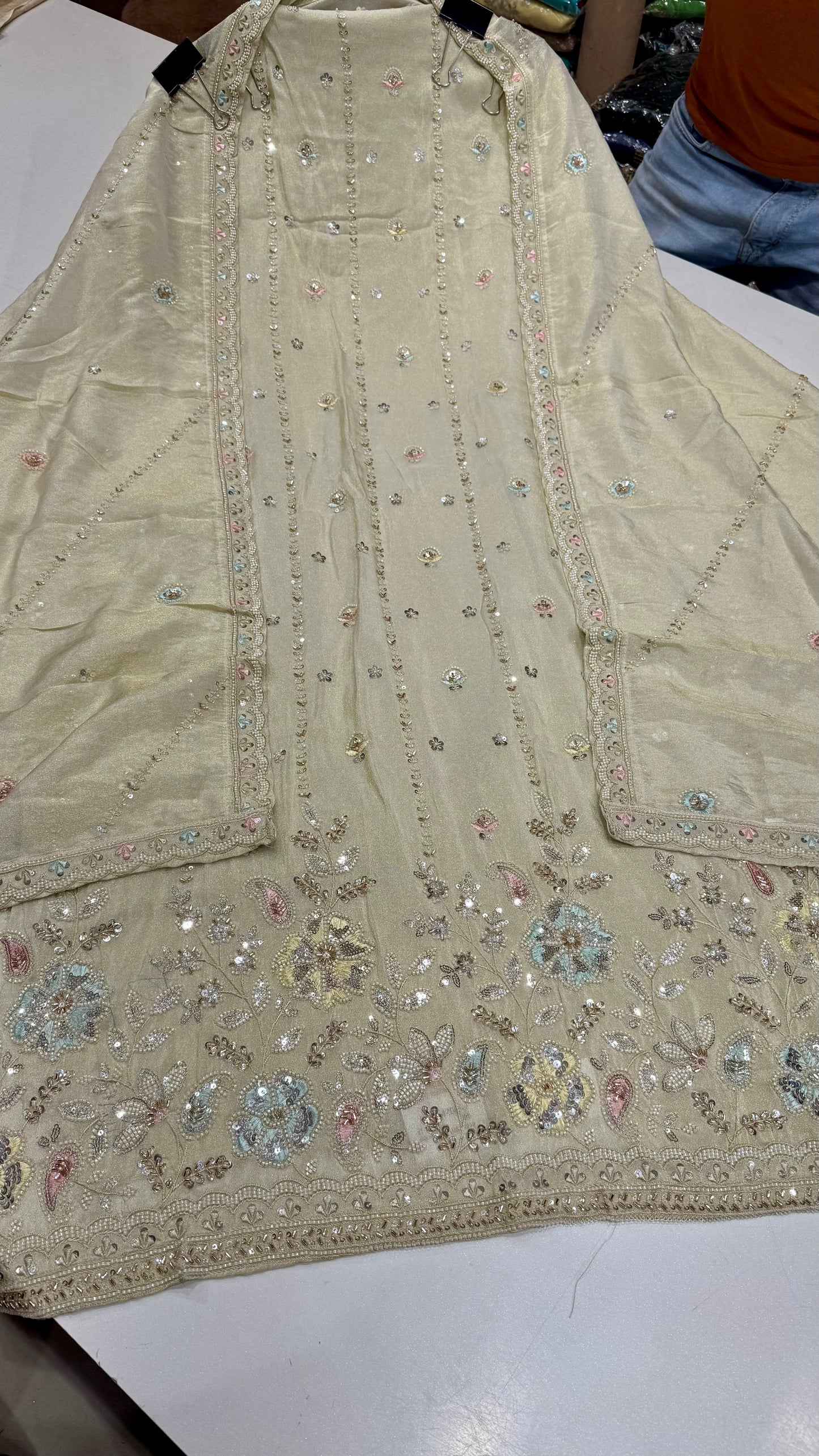 Elegant Tissue Unstitched Suit with Zardozi, Pearls & Dabka Embroidery