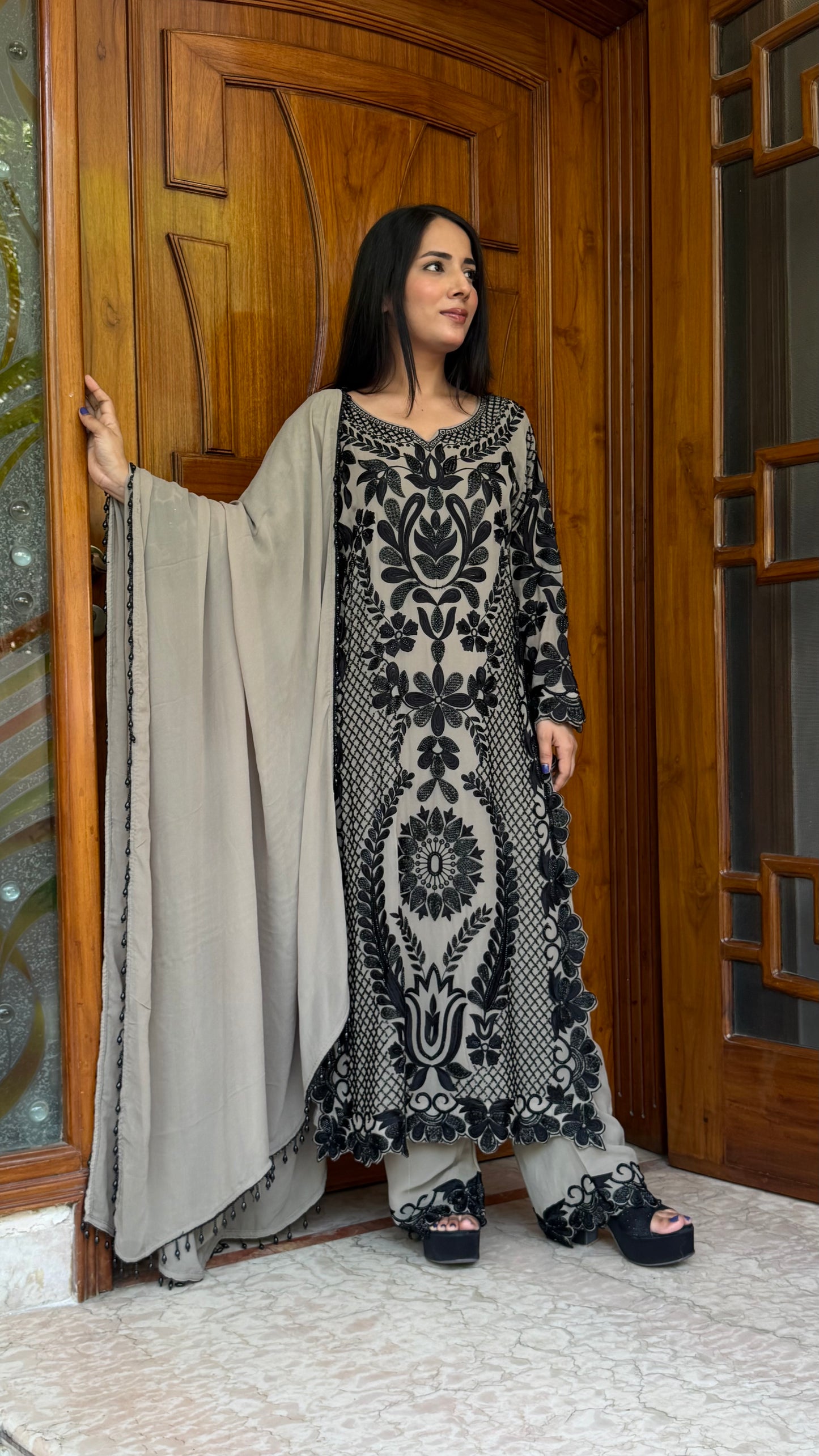 Long Pakistani Georgette Pants Suit with Hand Beads Work
