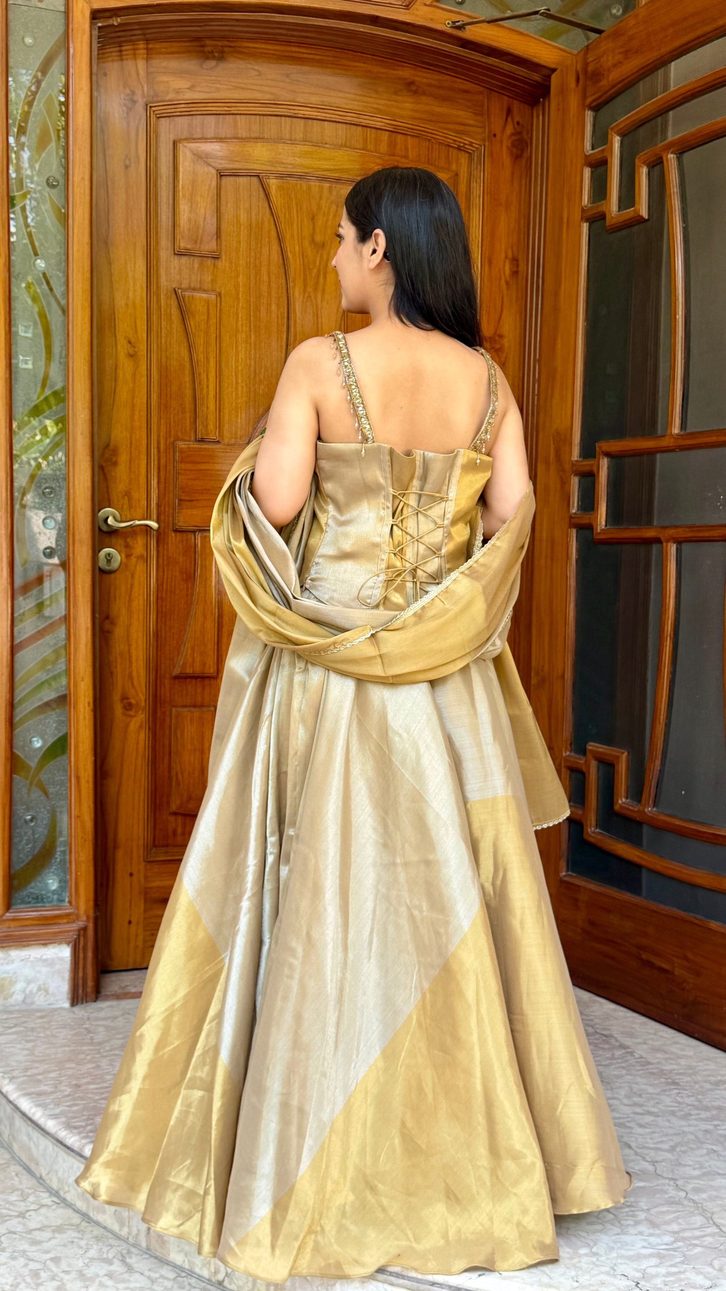 Luxury Dual Tone Pure Tissue Corset Choli Lehenga Set with Hand Embroidered Nakshi Work & Tissue Dupatta