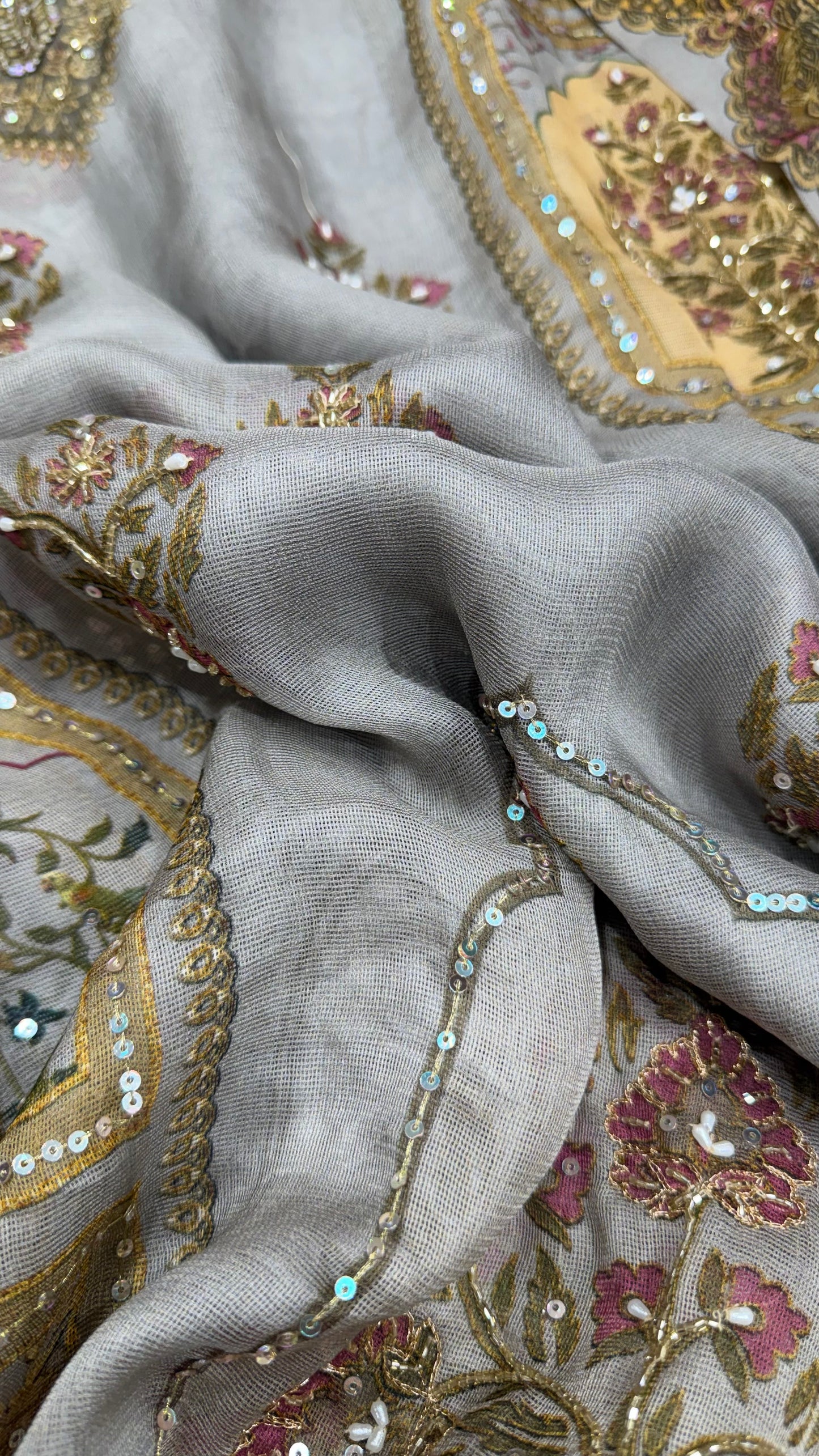 Luxury Unstitched Pure Burberry Tissue Suit | Designer Position Print with Heavy Zari & Sequence Hand Embroidery | Printed Dupatta & Cotton Silk Bottom Fabric | Festive Wedding Wear (US7236)