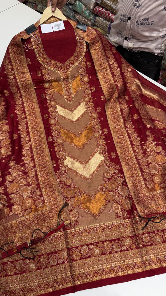 Elegant Pure Jamawar Silk Handloom Weaving Unstitched Suit