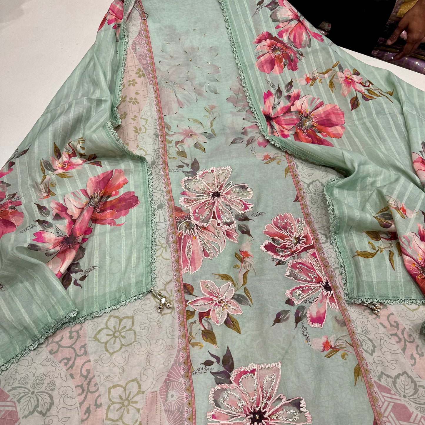 Trendy Pure Mul Mul Cotton Hand-Embroidered Suit with Digital Printed Dupatta & Cotton Bottom