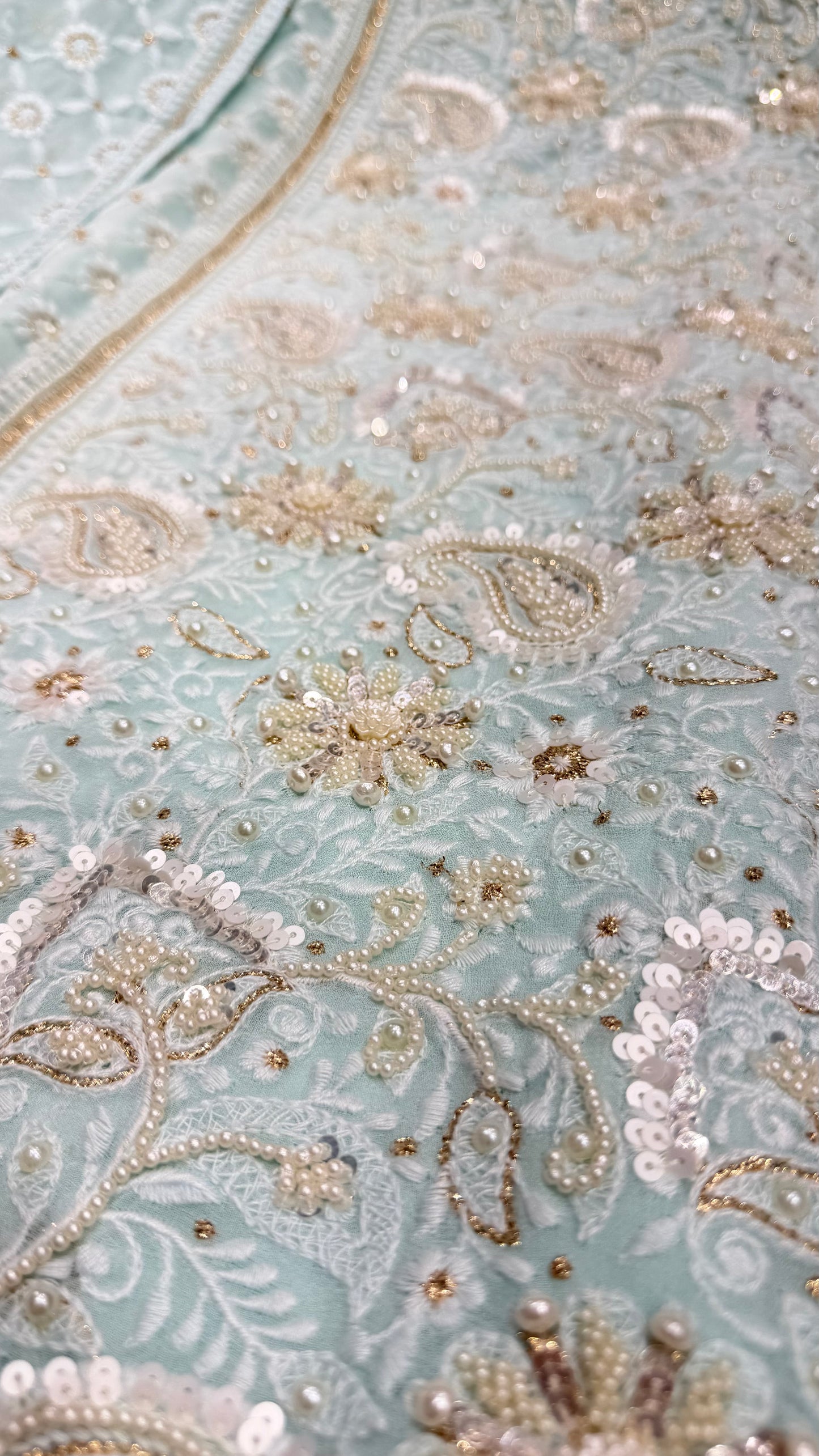 Luxury Unstitched Lakhnavi Pure Georgette Suit | Exclusive Lucknowi Thread, Pearls & Zari Handwork | Designer Georgette Dupatta with Cotton Silk Bottom | Festive Wedding Wear