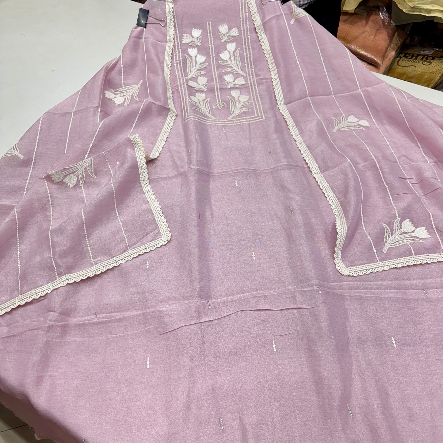Trendy Pure Tissue Thread, Sequence & Zari Embroidered Suit with Embroidered Tissue Dupatta & Cotton Bottom