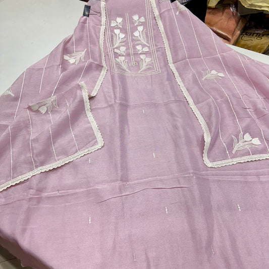 Trendy Pure Tissue Thread, Sequence & Zari Embroidered Suit with Embroidered Tissue Dupatta & Cotton Bottom
