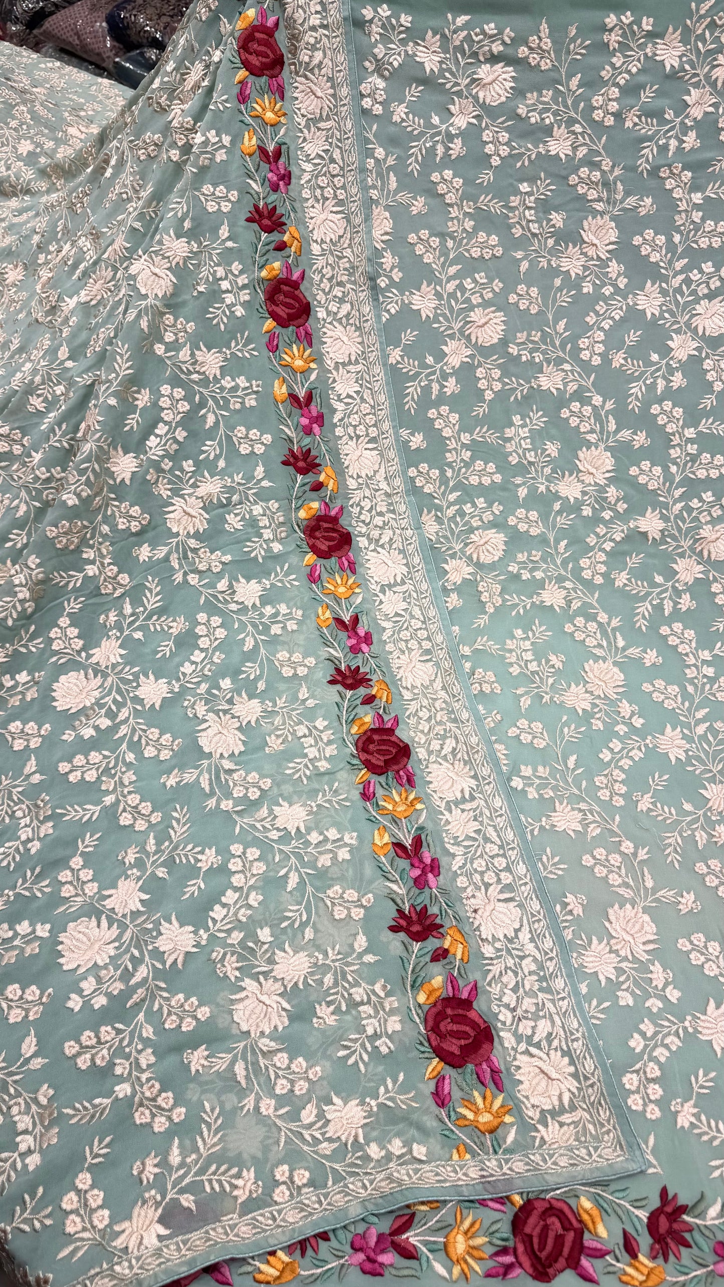 Unstitched Pure Georgette Parsi Embroidered Suit with Heavy Jaal Dupatta | Premium Thread Embroidery | Luxury Designer Party Wear | Opada Silk Bottom
