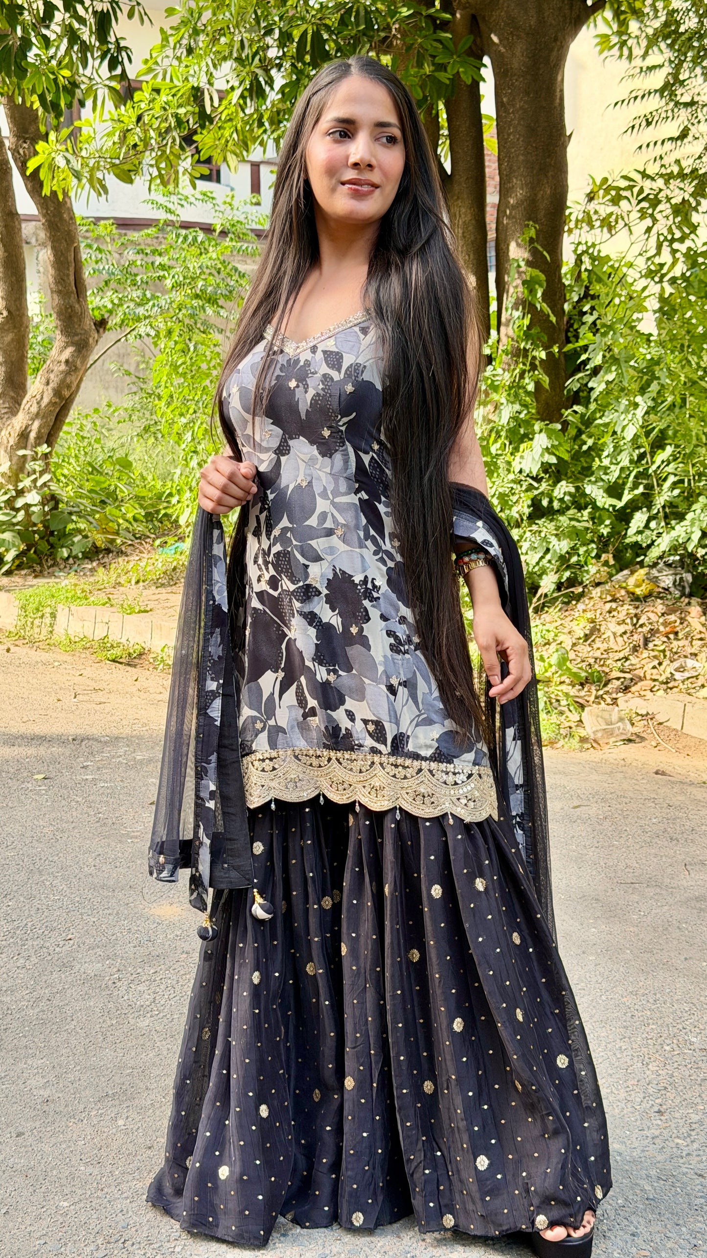 Designer Black & Grey Pure Crepe Girlish Sharara Suit with Organza Gharara & Net Dupatta | Readymade Party Wear Suit