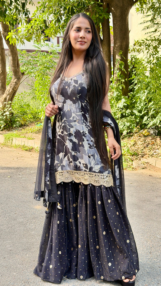 Designer Black & Grey Pure Crepe Girlish Sharara Suit with Organza Gharara & Net Dupatta | Readymade Party Wear Suit