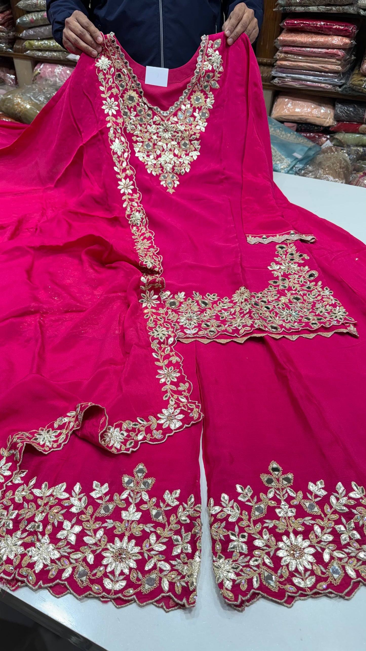 Readymade Chinon Crepe Gotta Patti & Mirror Work Sharara Suit – Free Size (Up to 42” Bust)