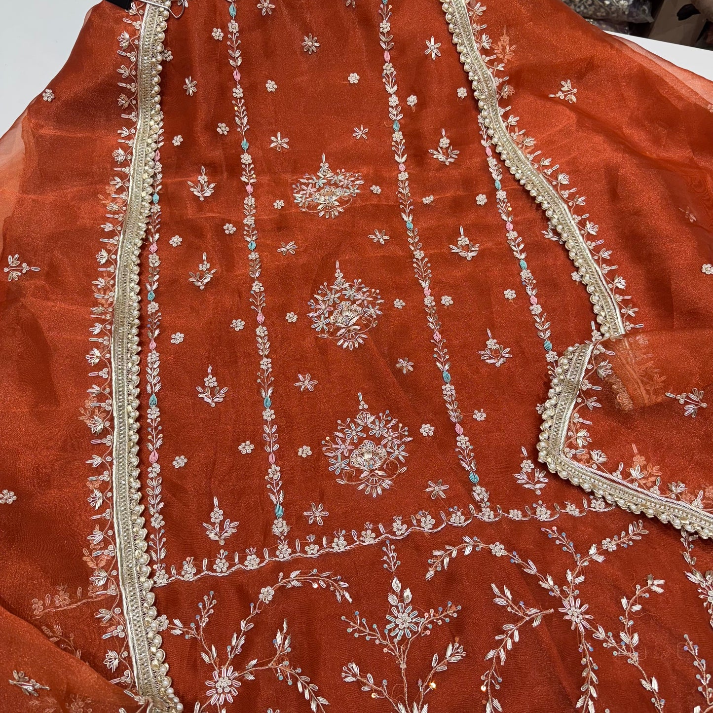Premium Embroidered Glass Organza Suit Set with Four-Side Embellished Dupatta & Crepe Bottom