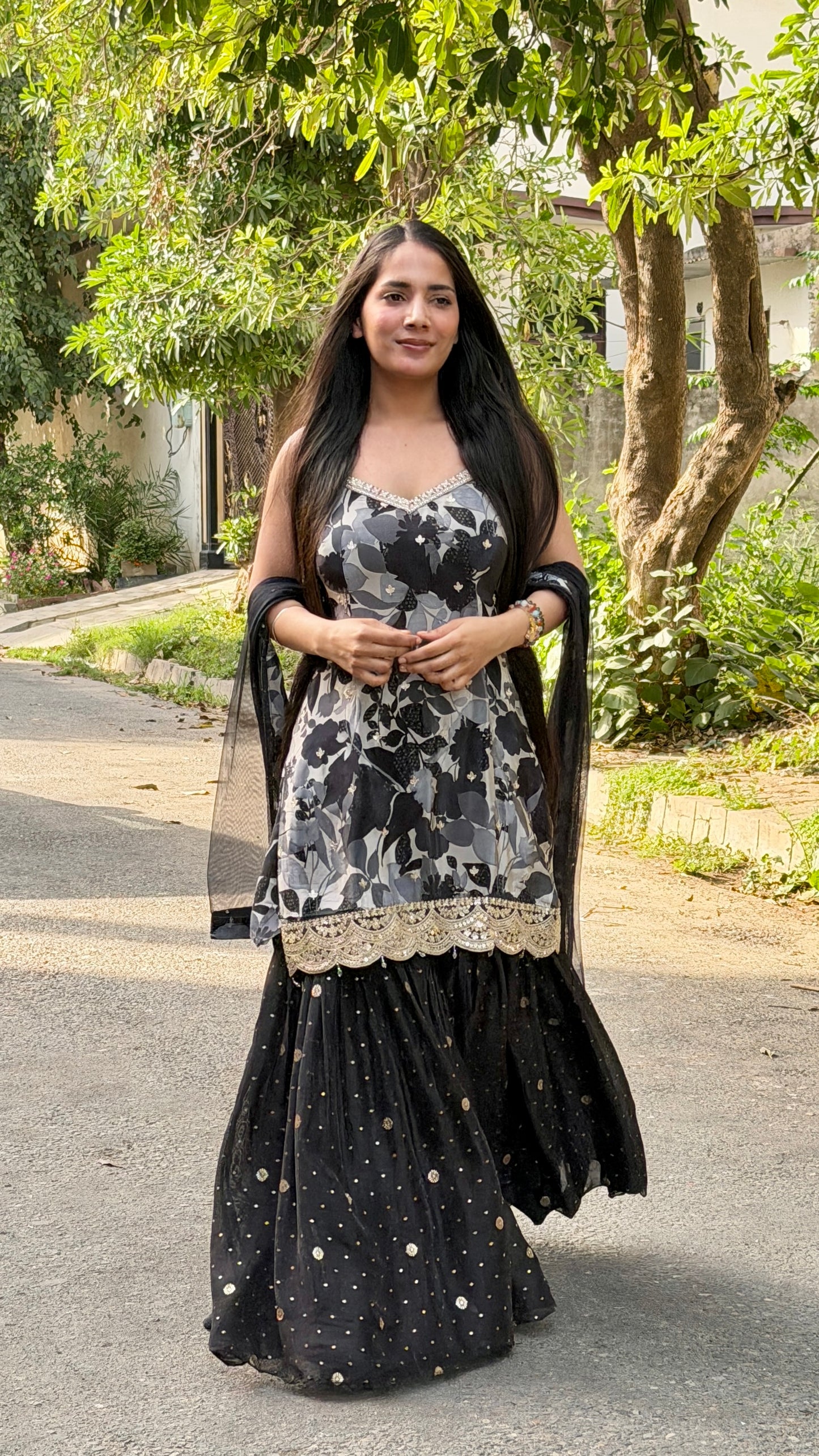 Designer Black & Grey Pure Crepe Girlish Sharara Suit with Organza Gharara & Net Dupatta | Readymade Party Wear Suit