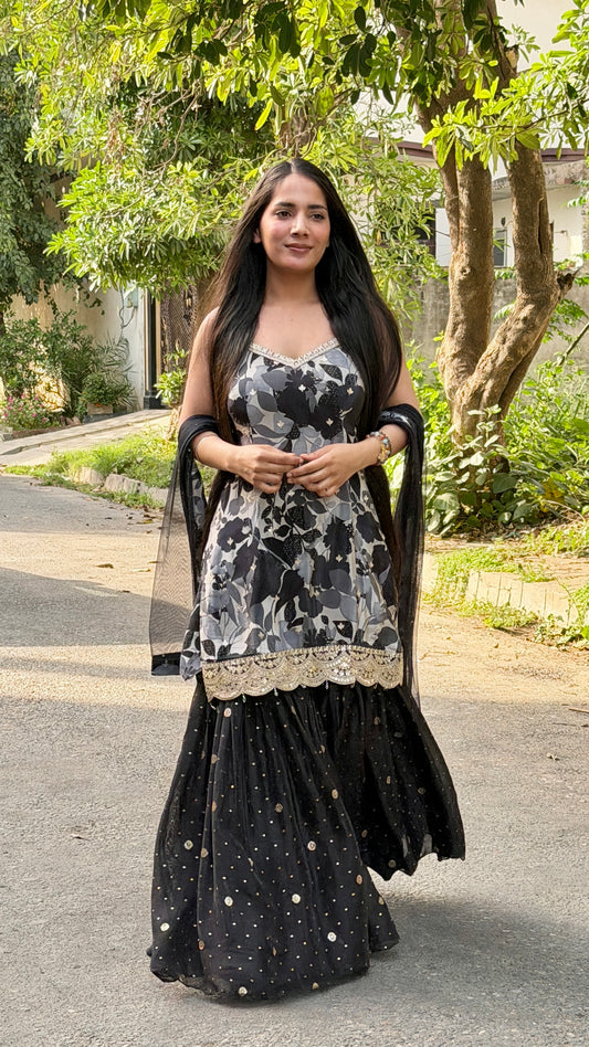Designer Black & Grey Pure Crepe Girlish Sharara Suit with Organza Gharara & Net Dupatta | Readymade Party Wear Suit
