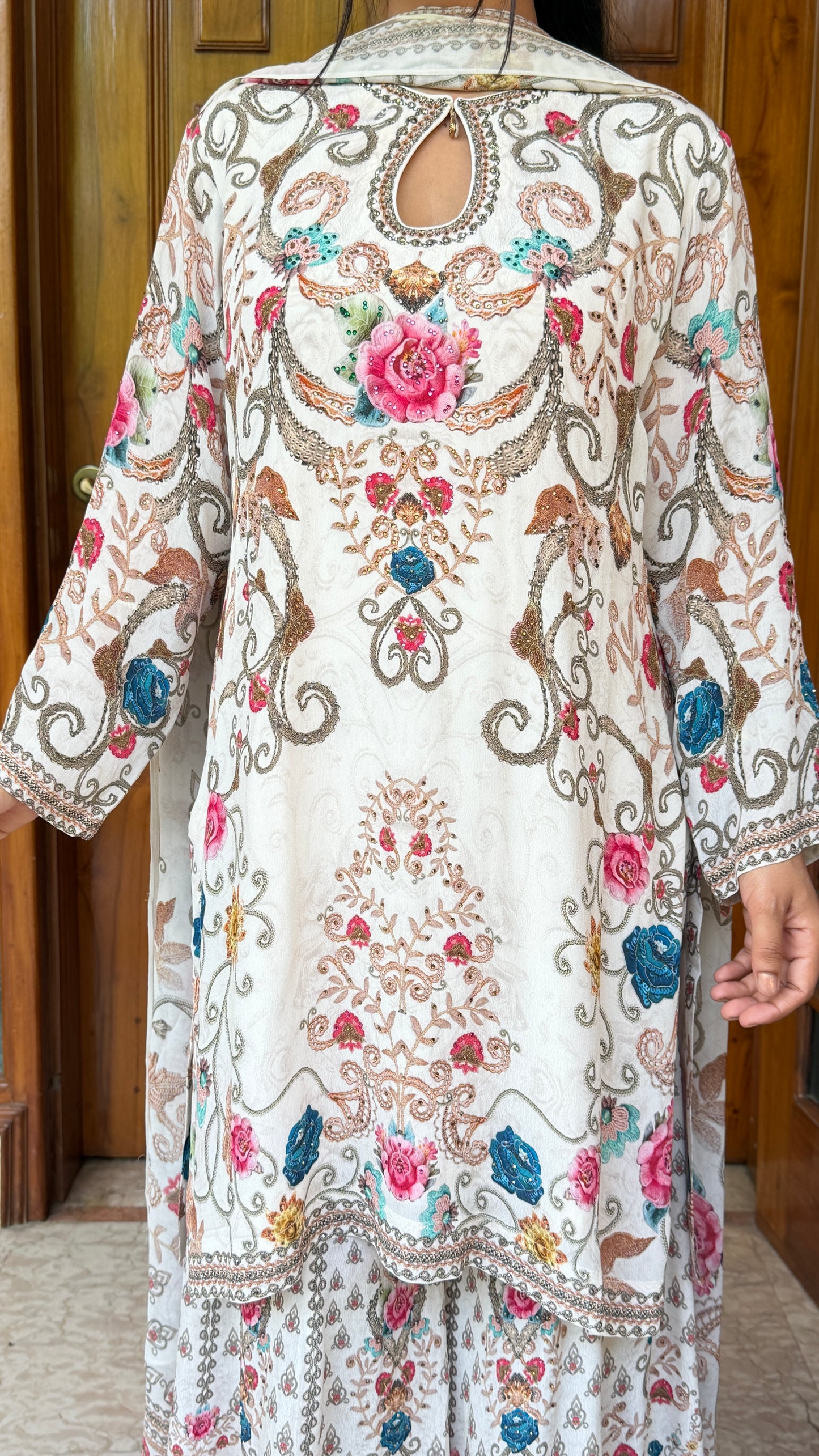 Pure White Floral Luxe Digital Print Sharara Suit Set with Dupatta