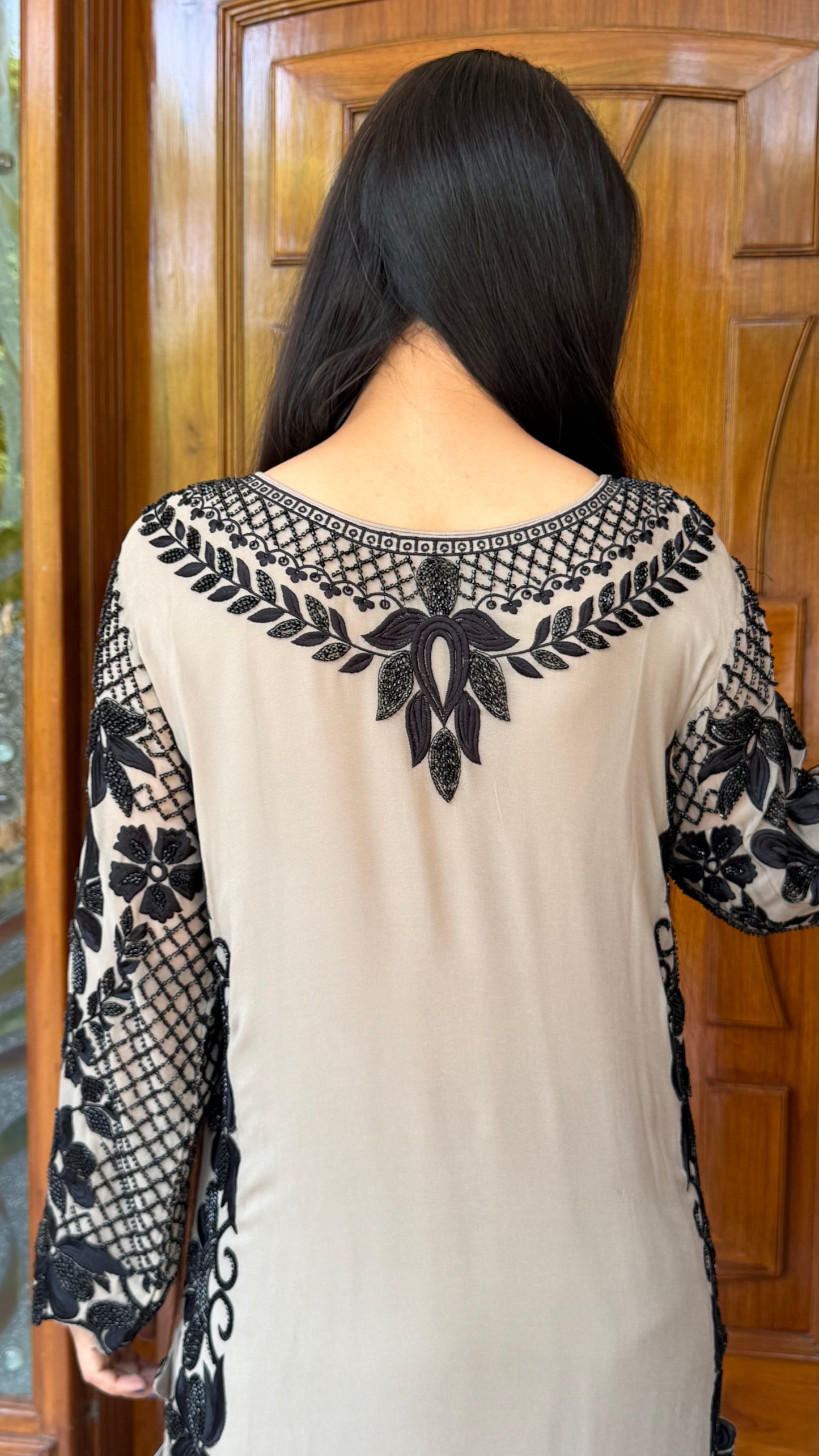 Long Pakistani Georgette Pants Suit with Hand Beads Work