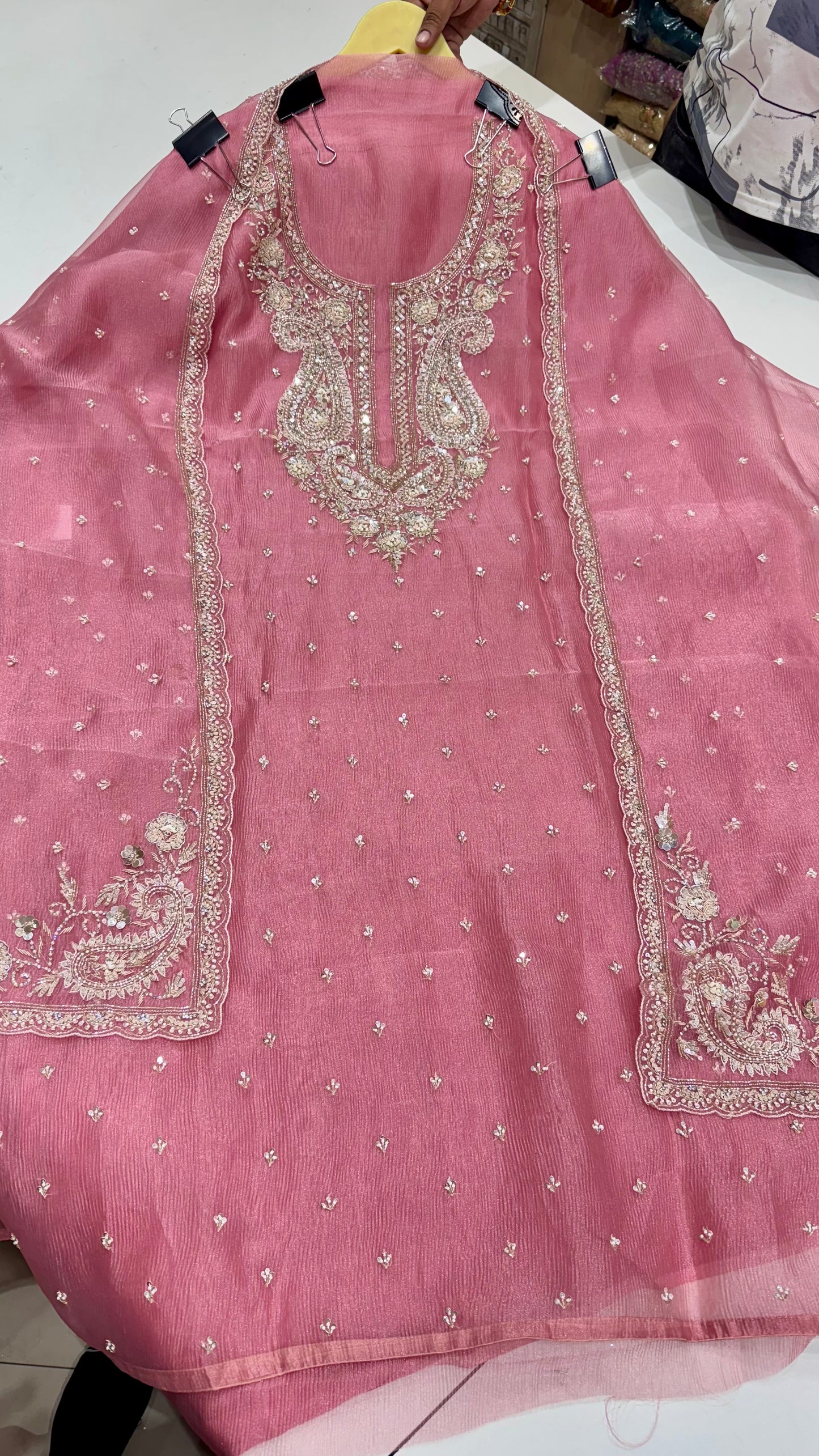 Luxury Hand-Embroidered Pure Glass Organza Unstitched Suit Set