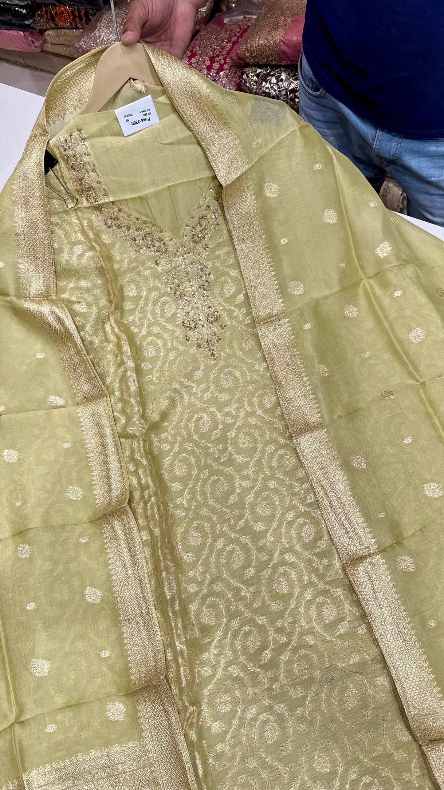Elegant Banarasi Tissue Unstitched Suit with Dabka Handwork