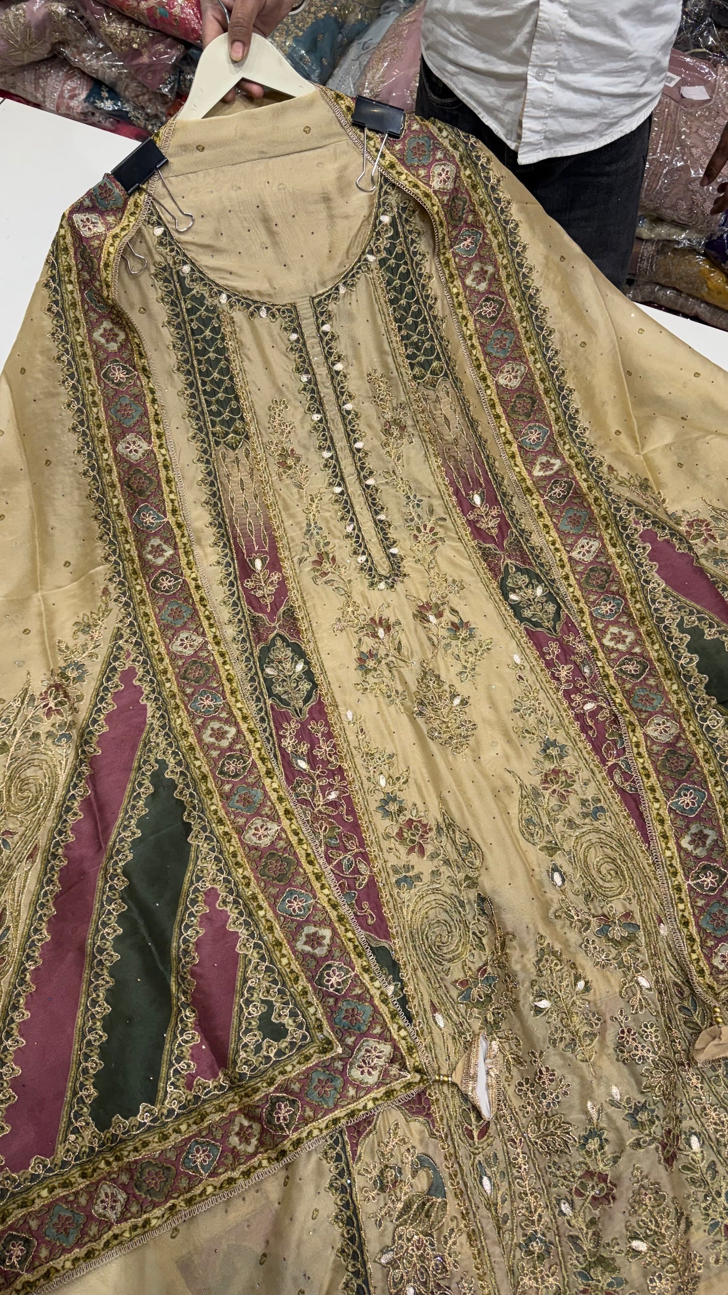 Sabyasachi Inspired Unstitched Pure Russian Silk Sabyasachi-Inspired Embroidered Suit with Heavy Crepe Bottom