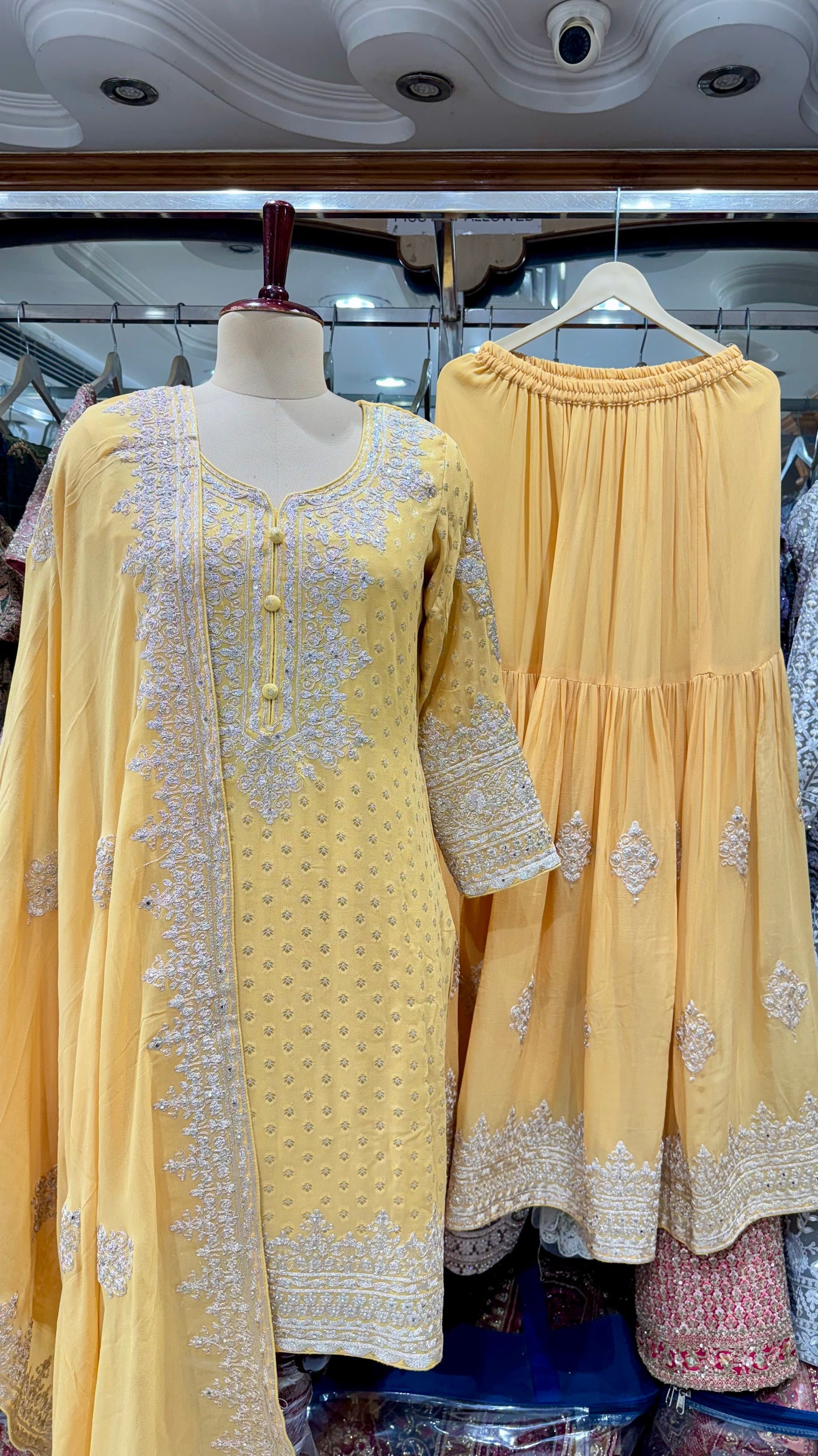 Graceful Pure Mysore Georgette Zari & Sequin Embroidered Readymade Gharara Suit – Free Size (Up to 44” Bust)