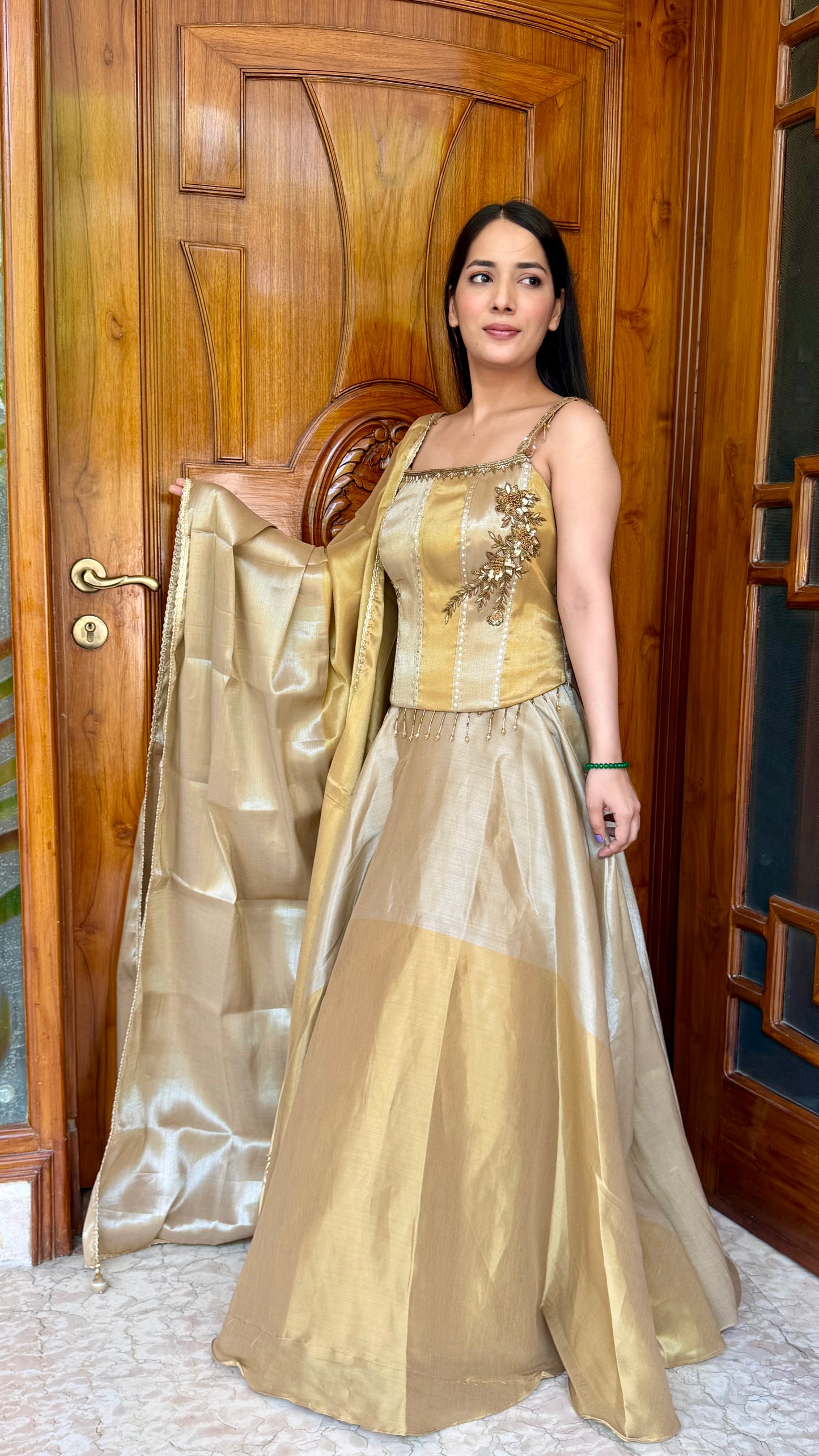 Luxury Dual Tone Pure Tissue Corset Choli Lehenga Set with Hand Embroidered Nakshi Work & Tissue Dupatta