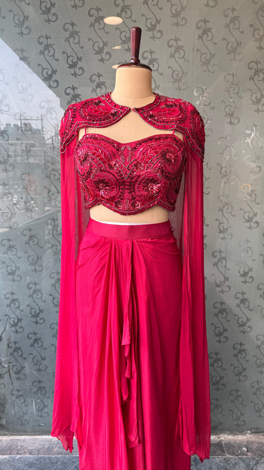 Elegant Indo-Western 3-Piece Chinon Crepe Dress with Hand-Embroidered Choli and Shoulder Shrug