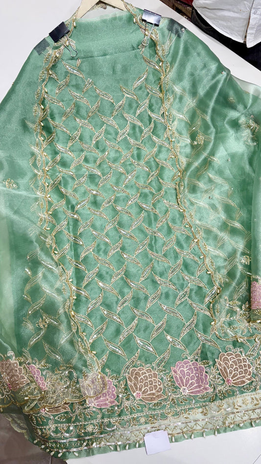 Designer Pure Glass Organza Unstitched Suit with Zardozi Handwork & Embroidered Dupatta