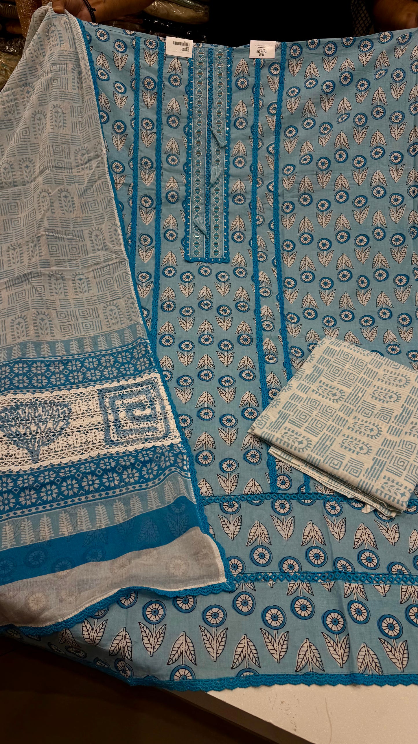 ✨ Sky Blue Printed Cotton Unstitched Suit Set