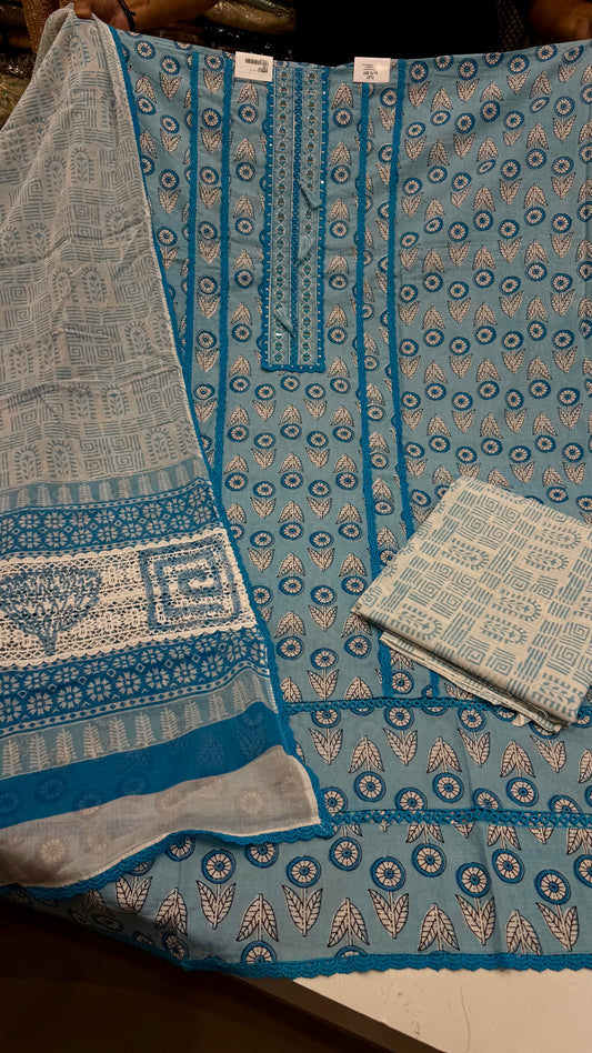 ✨ Sky Blue Printed Cotton Unstitched Suit Set