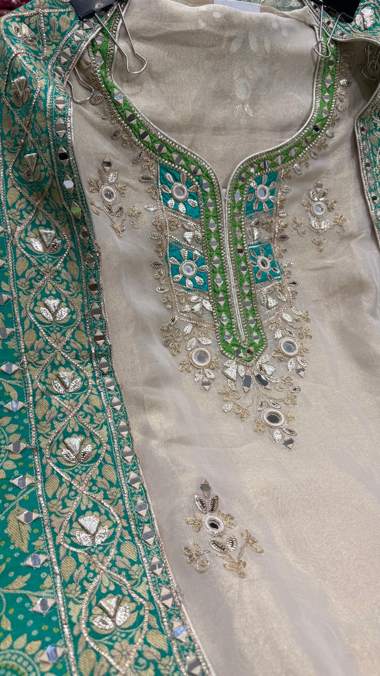 Luxury Pure Tissue Gotta Patti Unstitched Suit with Mirror Work | Designer Tissue Suit with Mysore Georgette Dupatta & Opada Silk Bottom