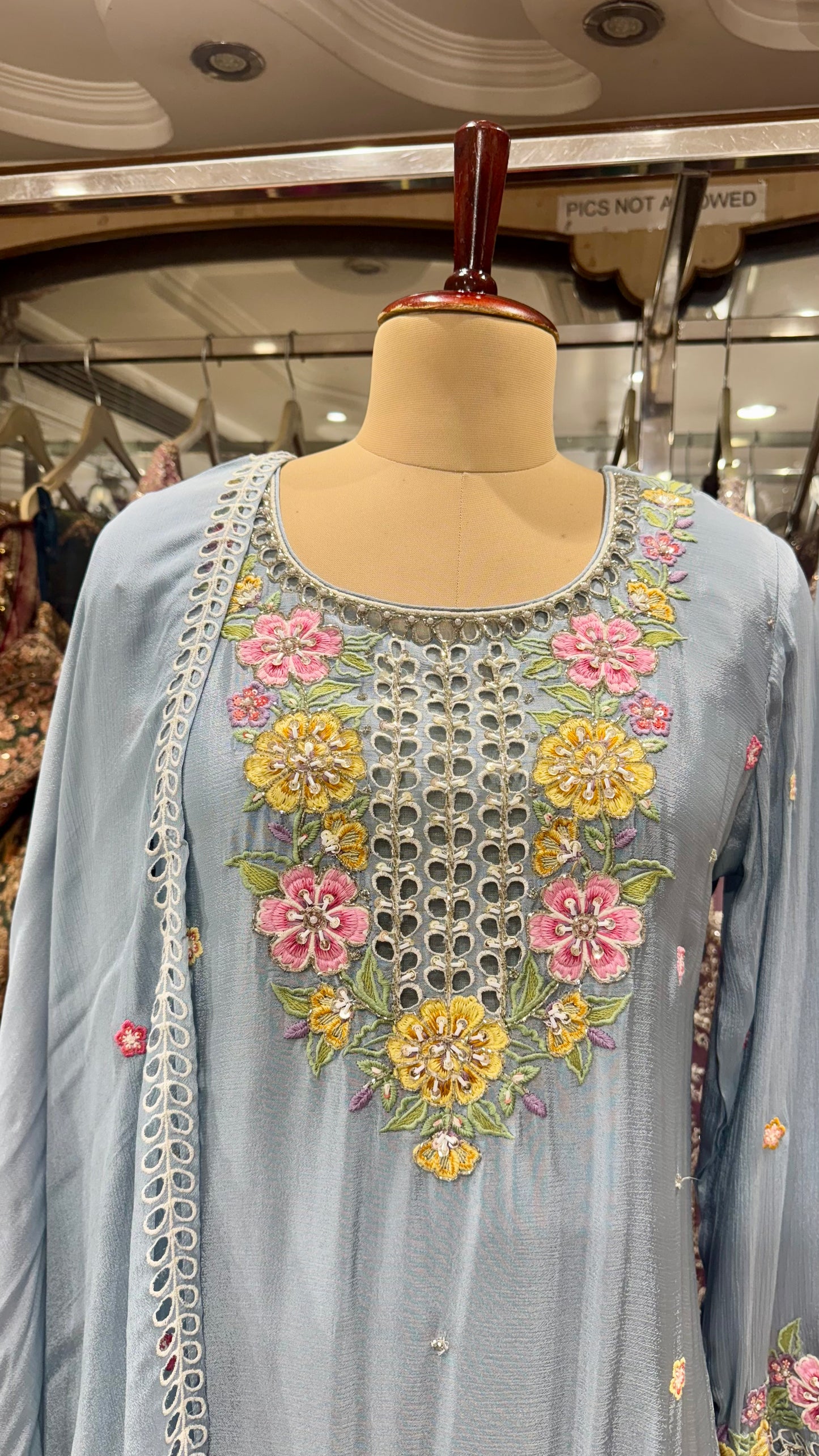 Elegant Sky Blue Pure Chinon Hand Embroidered Readymade Lehenga Suit – Free Size (Up to 44” Bust)