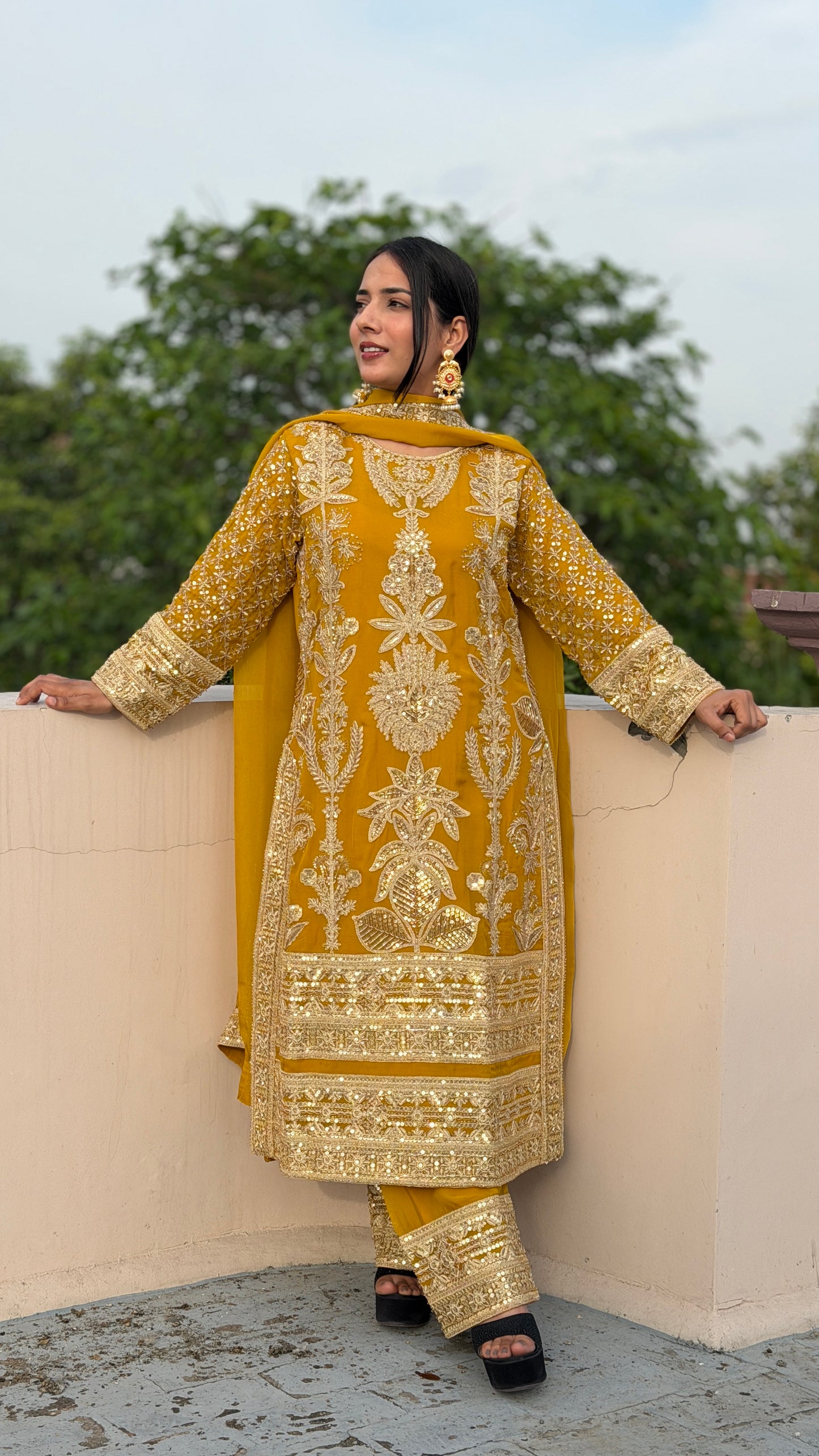 Mustard Gold Organza Luxe Pakistani Suit Set
